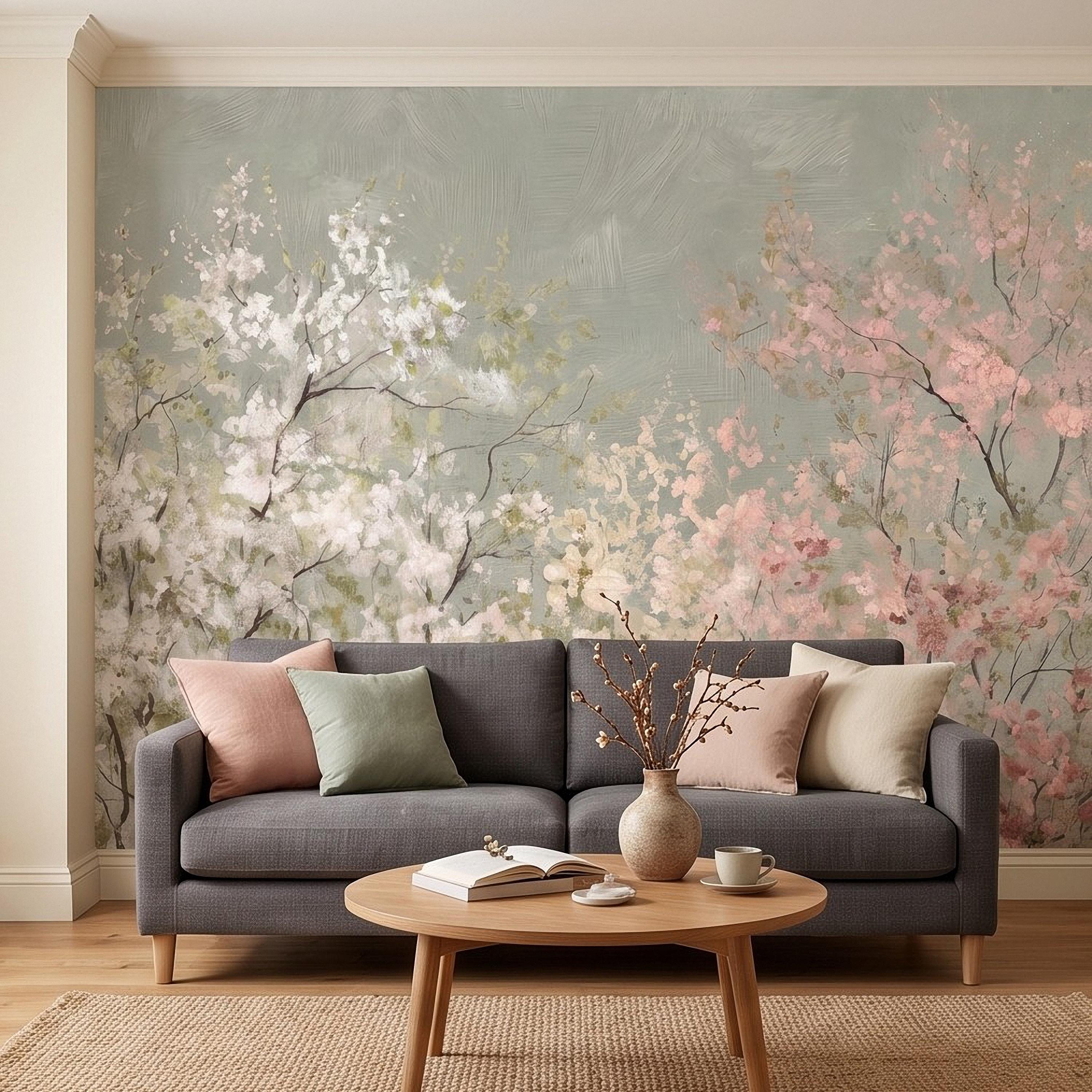 Cherry Blossom Peel and Stick Wall Mural, Soft Spring Blossom Trees, Painterly Botanical Branches White and Pink Floral Wallpaper