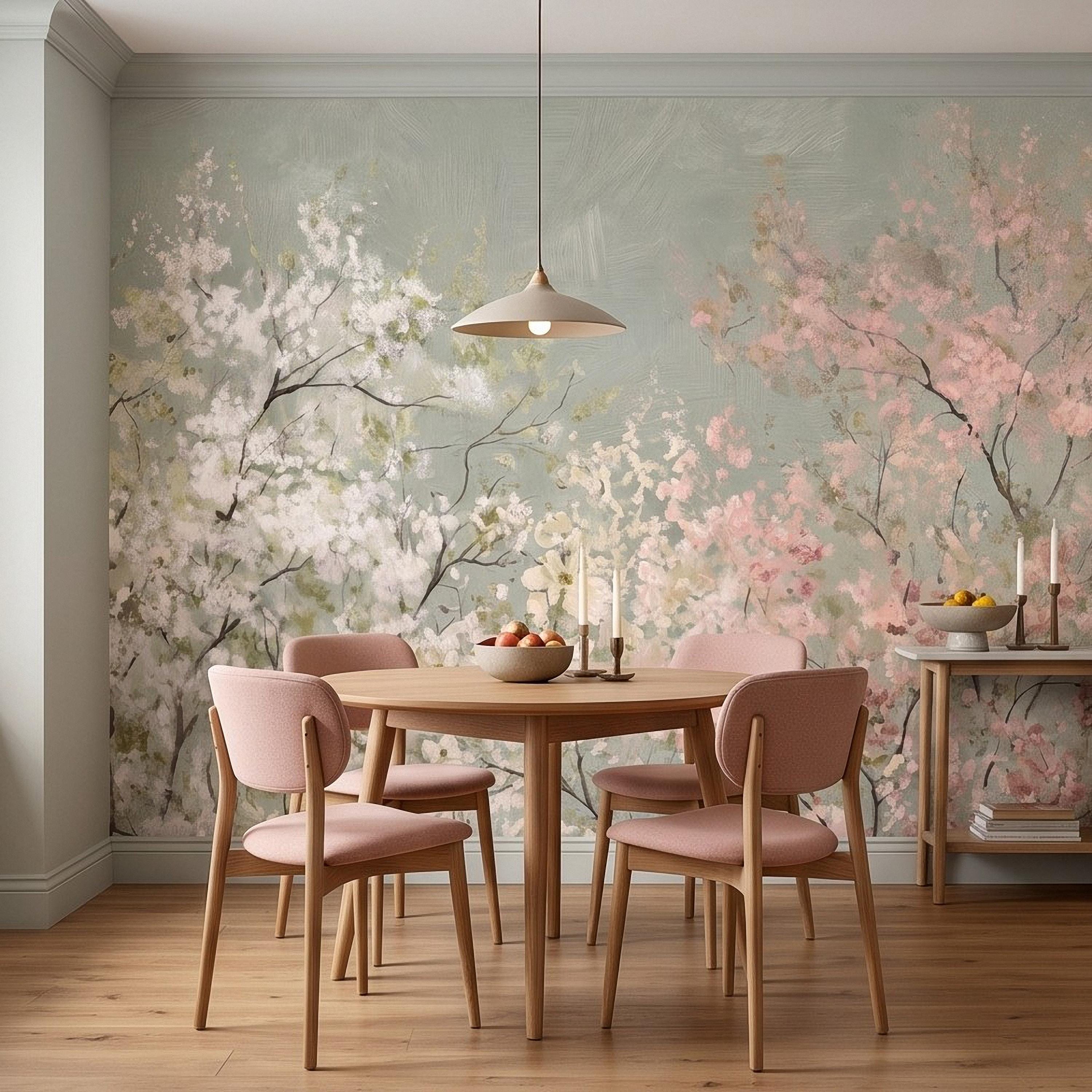 Cherry Blossom Peel and Stick Wall Mural, Soft Spring Blossom Trees, Painterly Botanical Branches White and Pink Floral Wallpaper