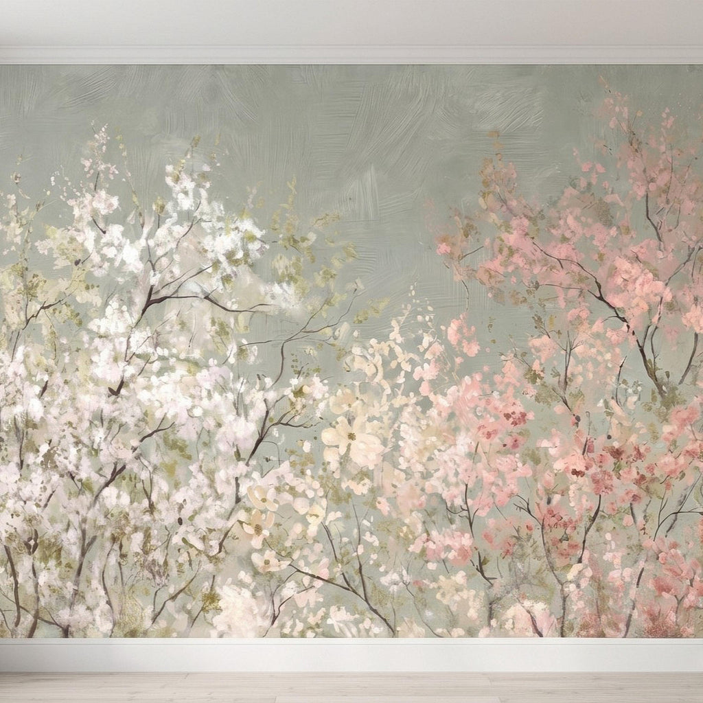 Cherry Blossom Peel and Stick Wall Mural, Soft Spring Blossom Trees, Painterly Botanical Branches White and Pink Floral Wallpaper