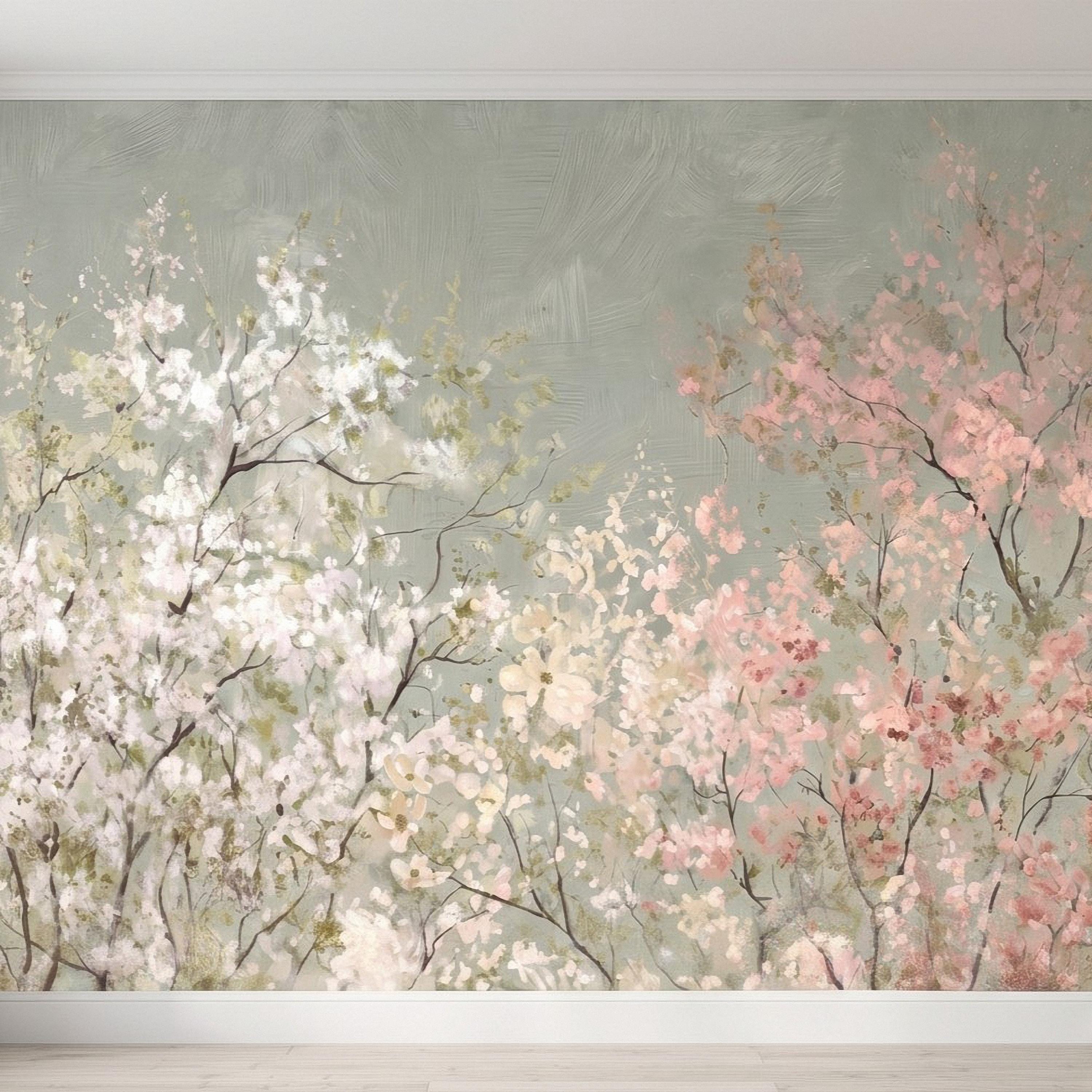 Cherry Blossom Peel and Stick Wall Mural, Soft Spring Blossom Trees, Painterly Botanical Branches White and Pink Floral Wallpaper