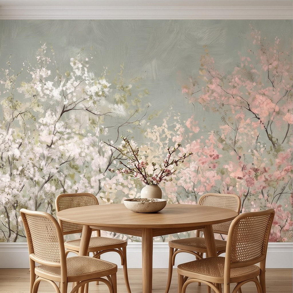 Cherry Blossom Peel and Stick Wall Mural, Soft Spring Blossom Trees, Painterly Botanical Branches White and Pink Floral Wallpaper