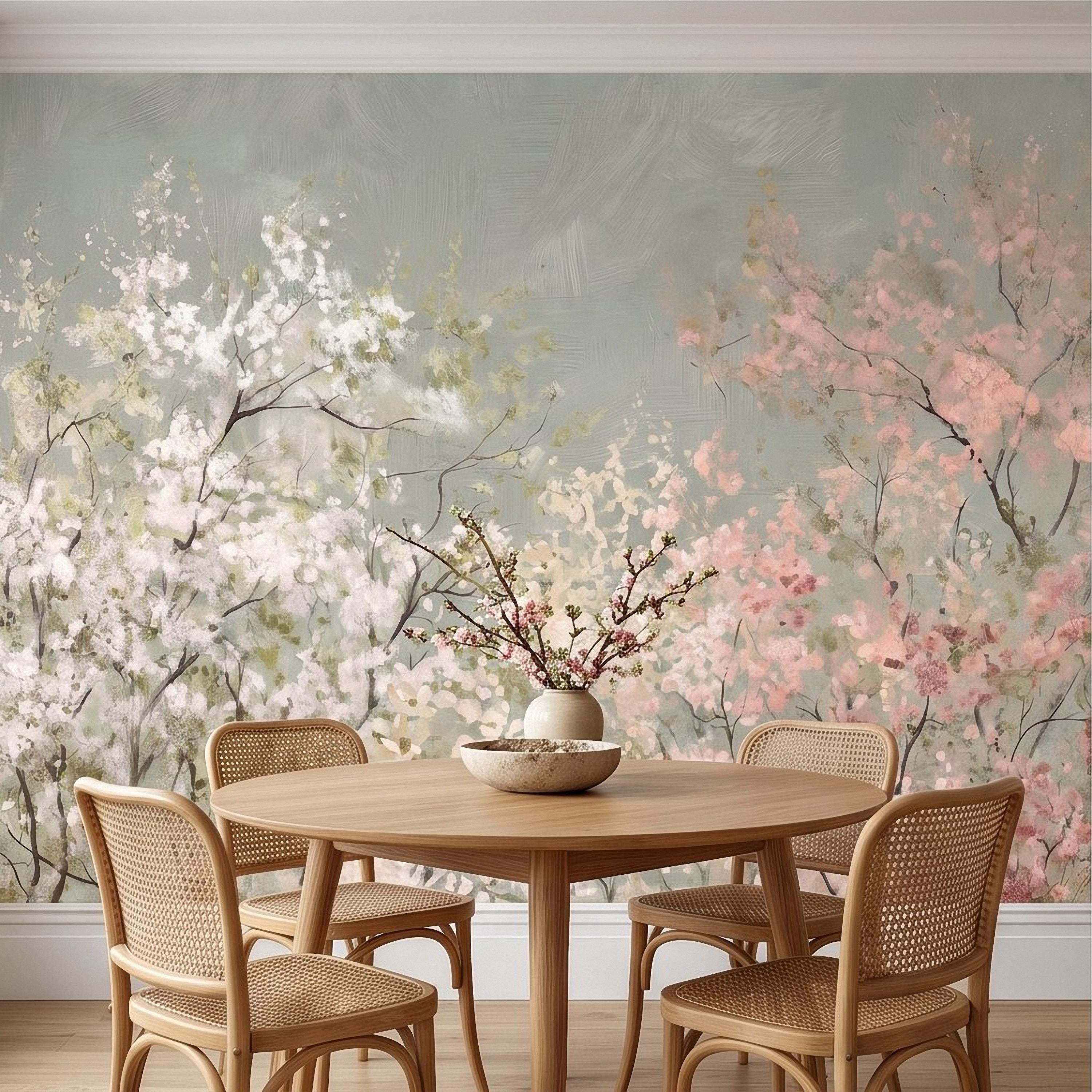Cherry Blossom Peel and Stick Wall Mural, Soft Spring Blossom Trees, Painterly Botanical Branches White and Pink Floral Wallpaper