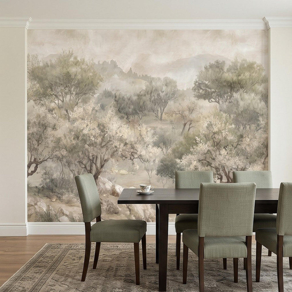 Olive Tree Peel and Stick Wall Mural, Misty Mediterranean Grove, Painterly Ancient Olive Orchard Rustic Countryside Wallpaper