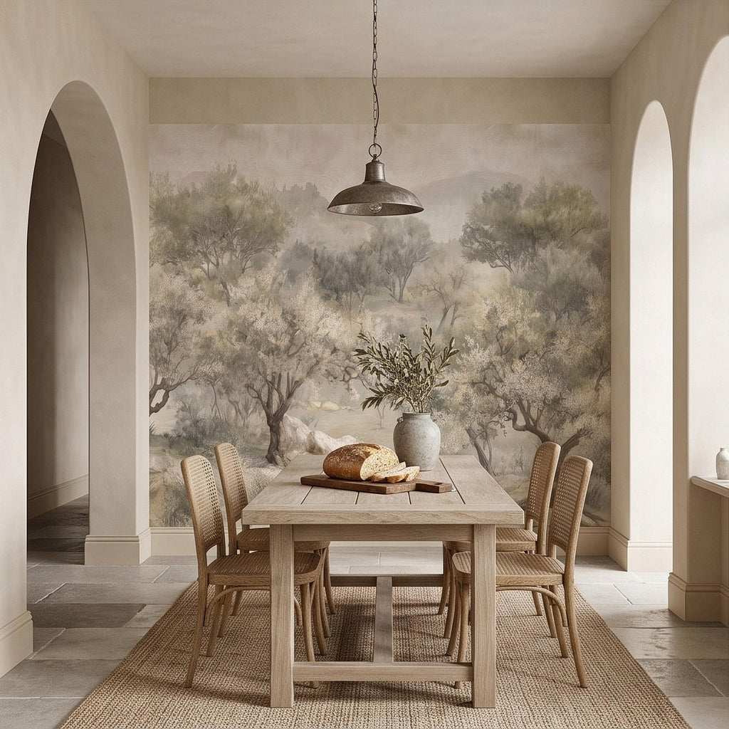 Olive Tree Peel and Stick Wall Mural, Misty Mediterranean Grove, Painterly Ancient Olive Orchard Rustic Countryside Wallpaper