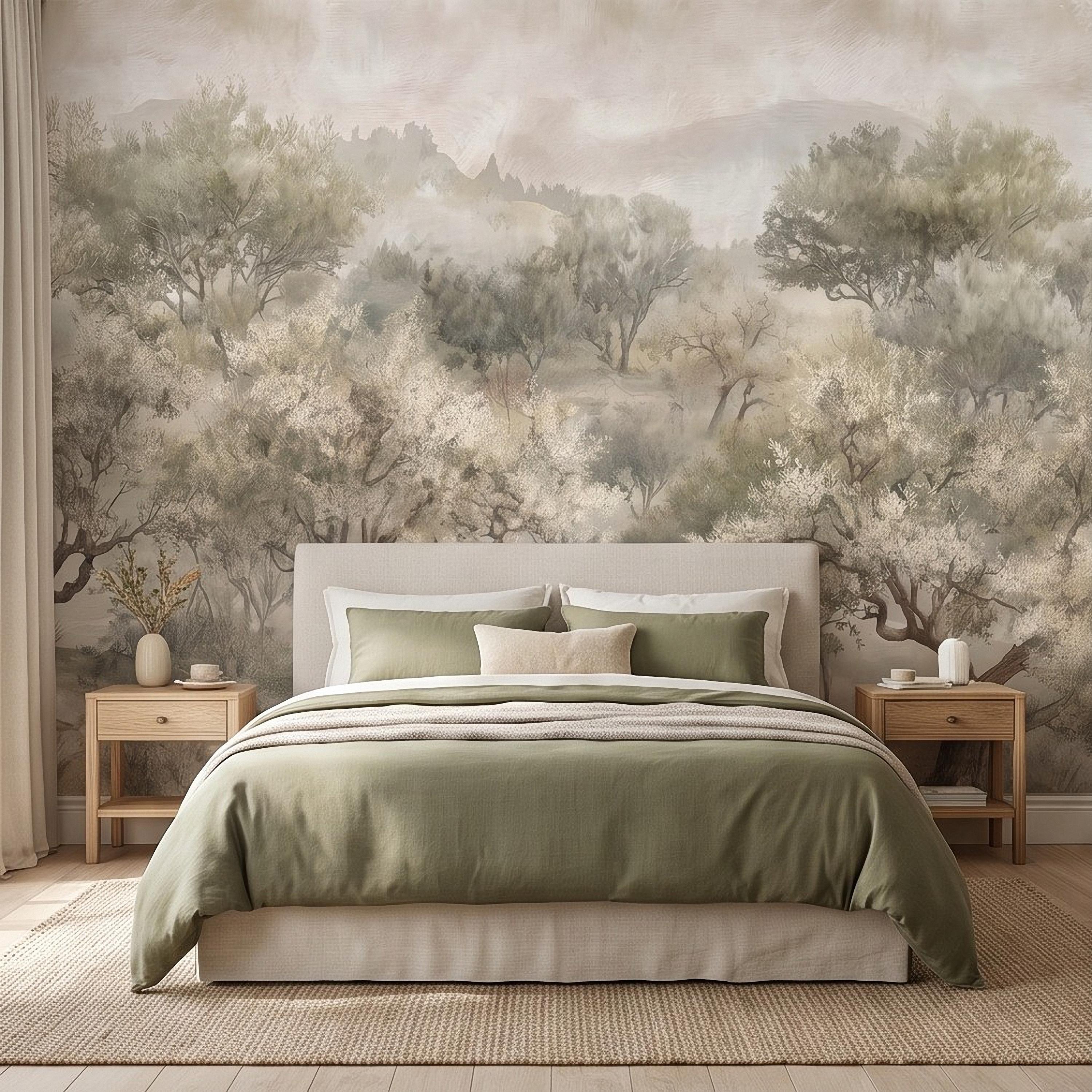 Olive Tree Peel and Stick Wall Mural, Misty Mediterranean Grove, Painterly Ancient Olive Orchard Rustic Countryside Wallpaper