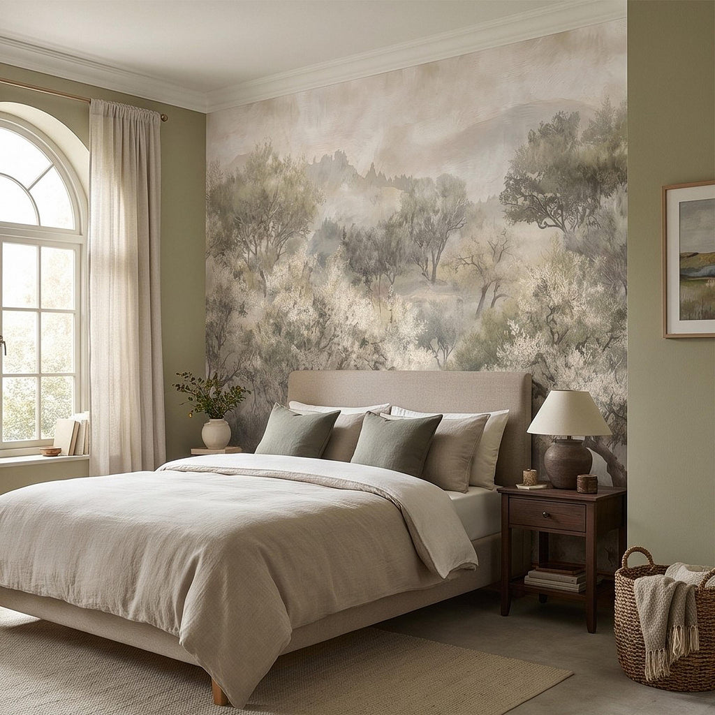 Olive Tree Peel and Stick Wall Mural, Misty Mediterranean Grove, Painterly Ancient Olive Orchard Rustic Countryside Wallpaper