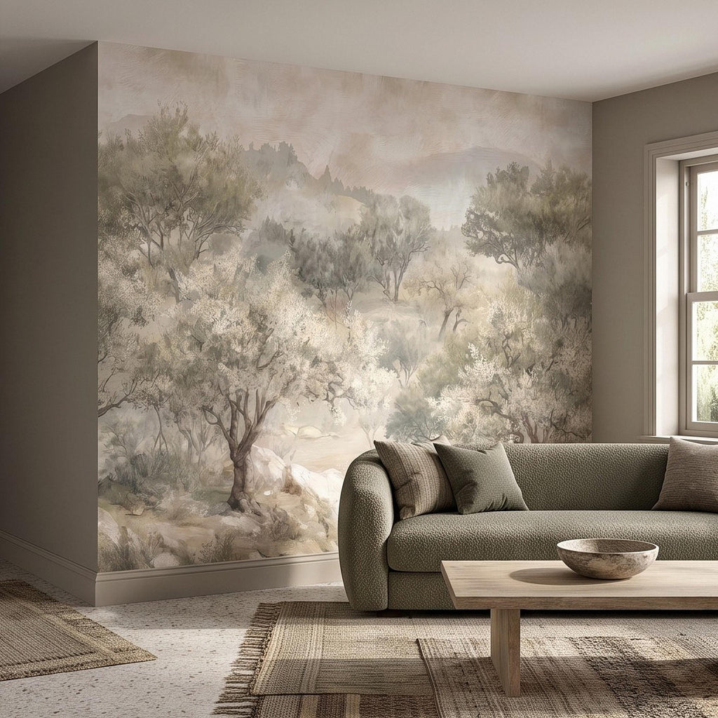Olive Tree Peel and Stick Wall Mural, Misty Mediterranean Grove, Painterly Ancient Olive Orchard Rustic Countryside Wallpaper
