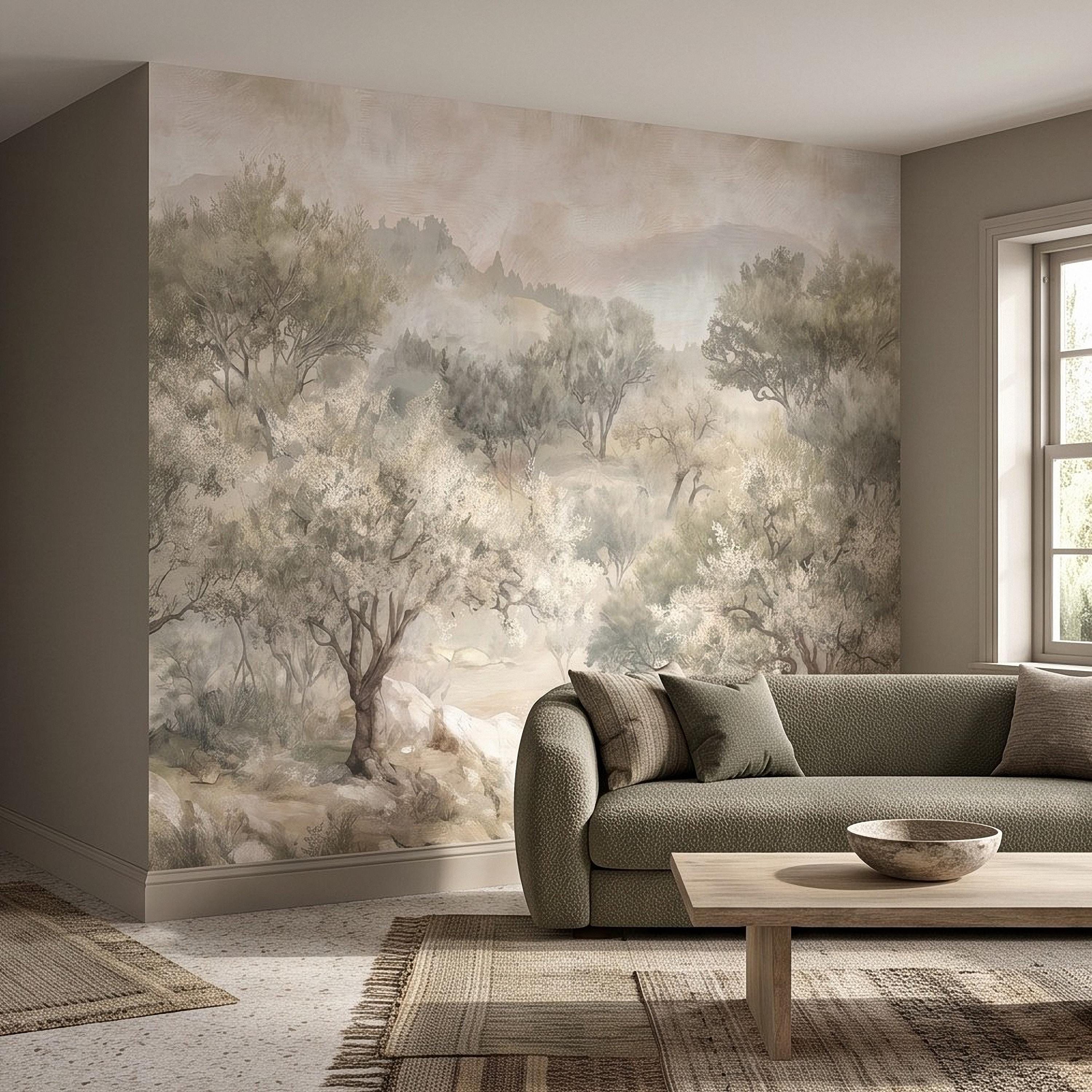 Olive Tree Peel and Stick Wall Mural, Misty Mediterranean Grove, Painterly Ancient Olive Orchard Rustic Countryside Wallpaper