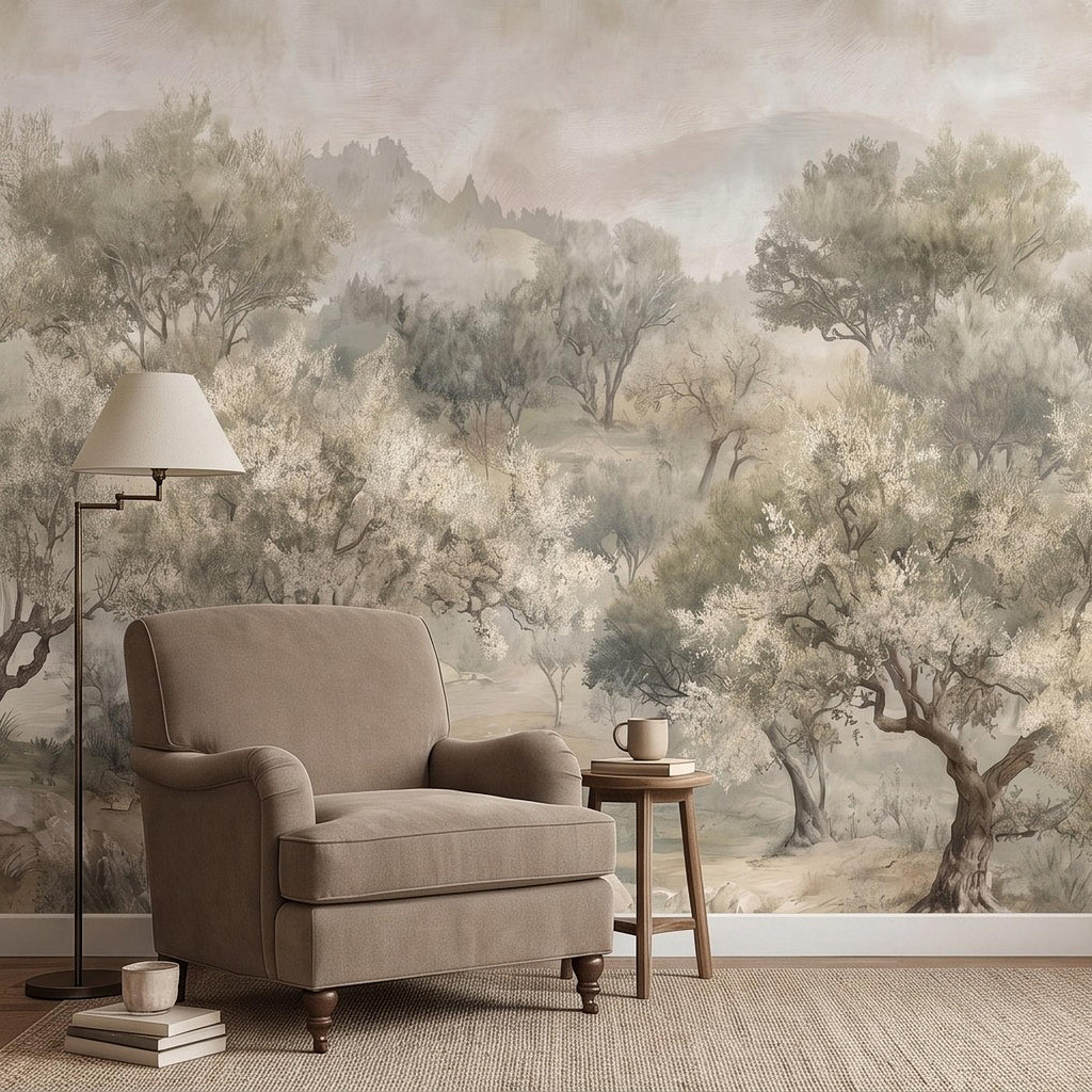 Olive Tree Peel and Stick Wall Mural, Misty Mediterranean Grove, Painterly Ancient Olive Orchard Rustic Countryside Wallpaper