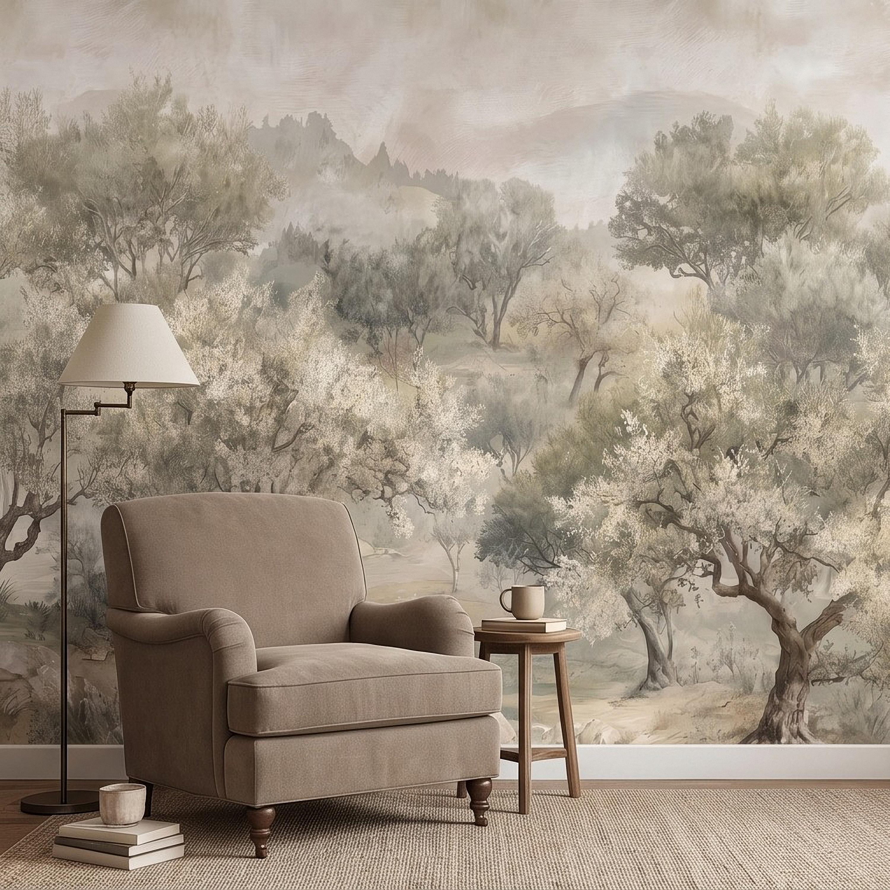 Olive Tree Peel and Stick Wall Mural, Misty Mediterranean Grove, Painterly Ancient Olive Orchard Rustic Countryside Wallpaper