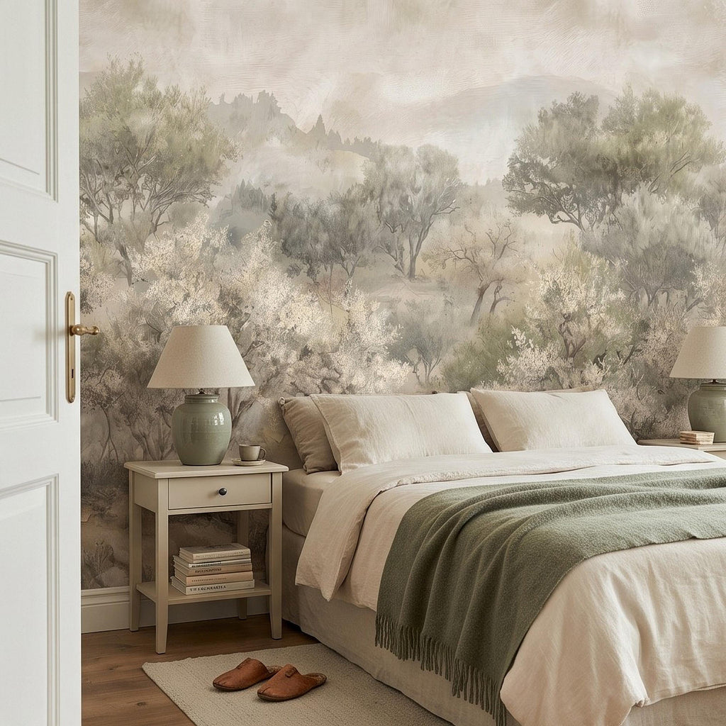 Olive Tree Peel and Stick Wall Mural, Misty Mediterranean Grove, Painterly Ancient Olive Orchard Rustic Countryside Wallpaper
