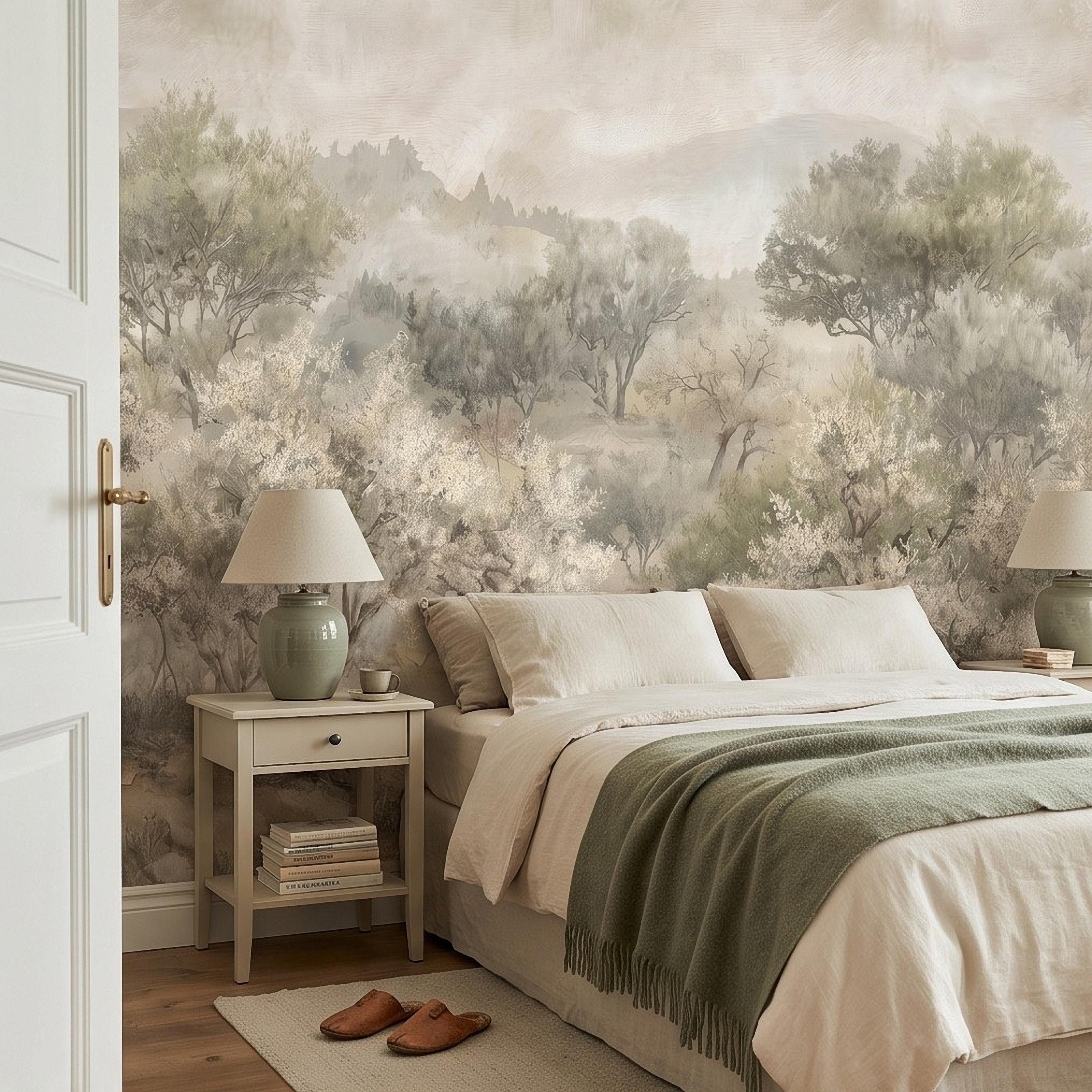 Olive Tree Peel and Stick Wall Mural, Misty Mediterranean Grove, Painterly Ancient Olive Orchard Rustic Countryside Wallpaper