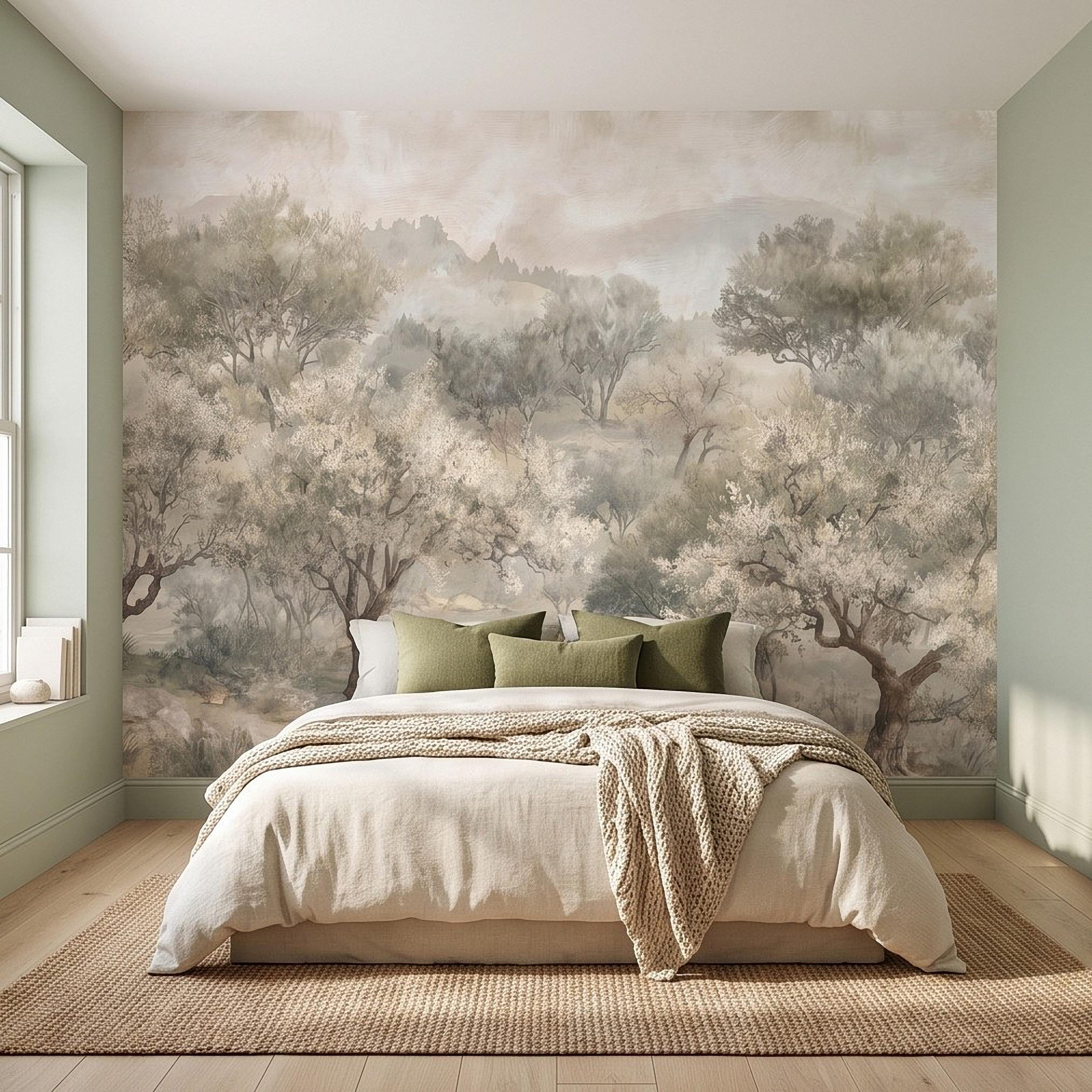 Olive Tree Peel and Stick Wall Mural, Misty Mediterranean Grove, Painterly Ancient Olive Orchard Rustic Countryside Wallpaper