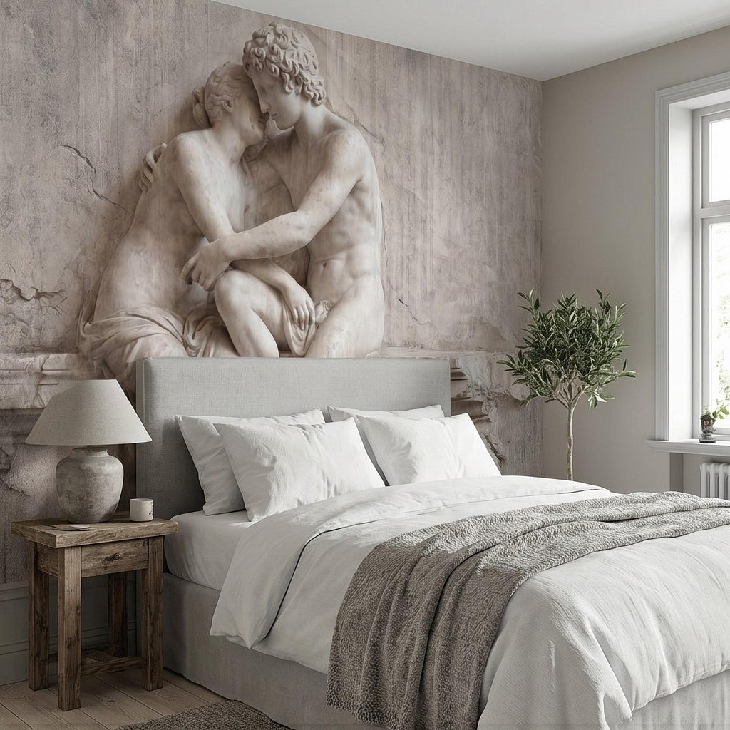 Classical Lovers Peel and Stick Wall Mural, Antique Sculpture Embrace Scene, Romantic European Stone Artwork Vintage Statue Wallpape