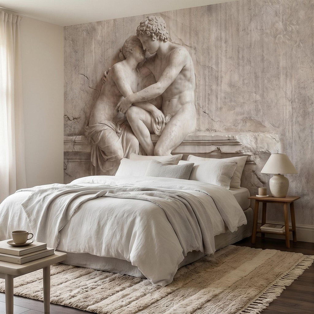 Classical Lovers Peel and Stick Wall Mural, Antique Sculpture Embrace Scene, Romantic European Stone Artwork Vintage Statue Wallpape