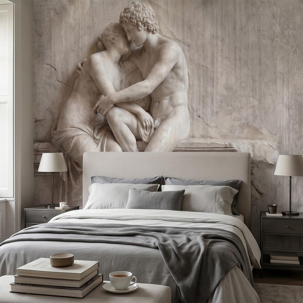 Classical Lovers Peel and Stick Wall Mural, Antique Sculpture Embrace Scene, Romantic European Stone Artwork Vintage Statue Wallpape