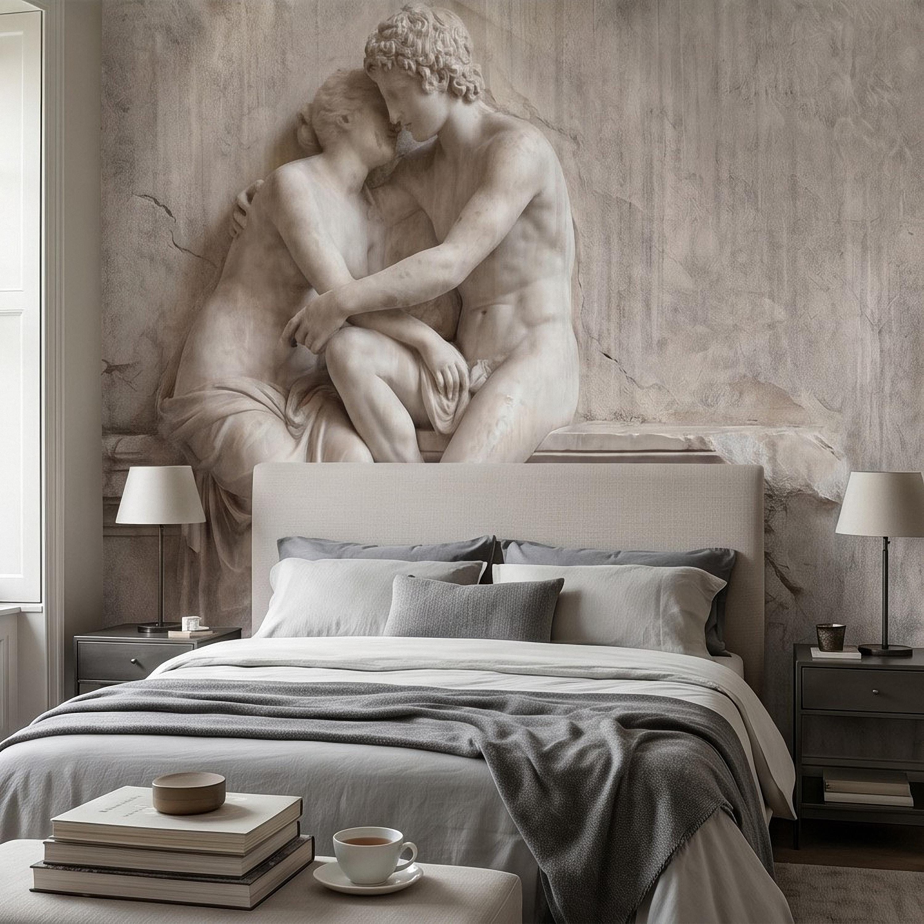 Classical Lovers Peel and Stick Wall Mural, Antique Sculpture Embrace Scene, Romantic European Stone Artwork Vintage Statue Wallpape