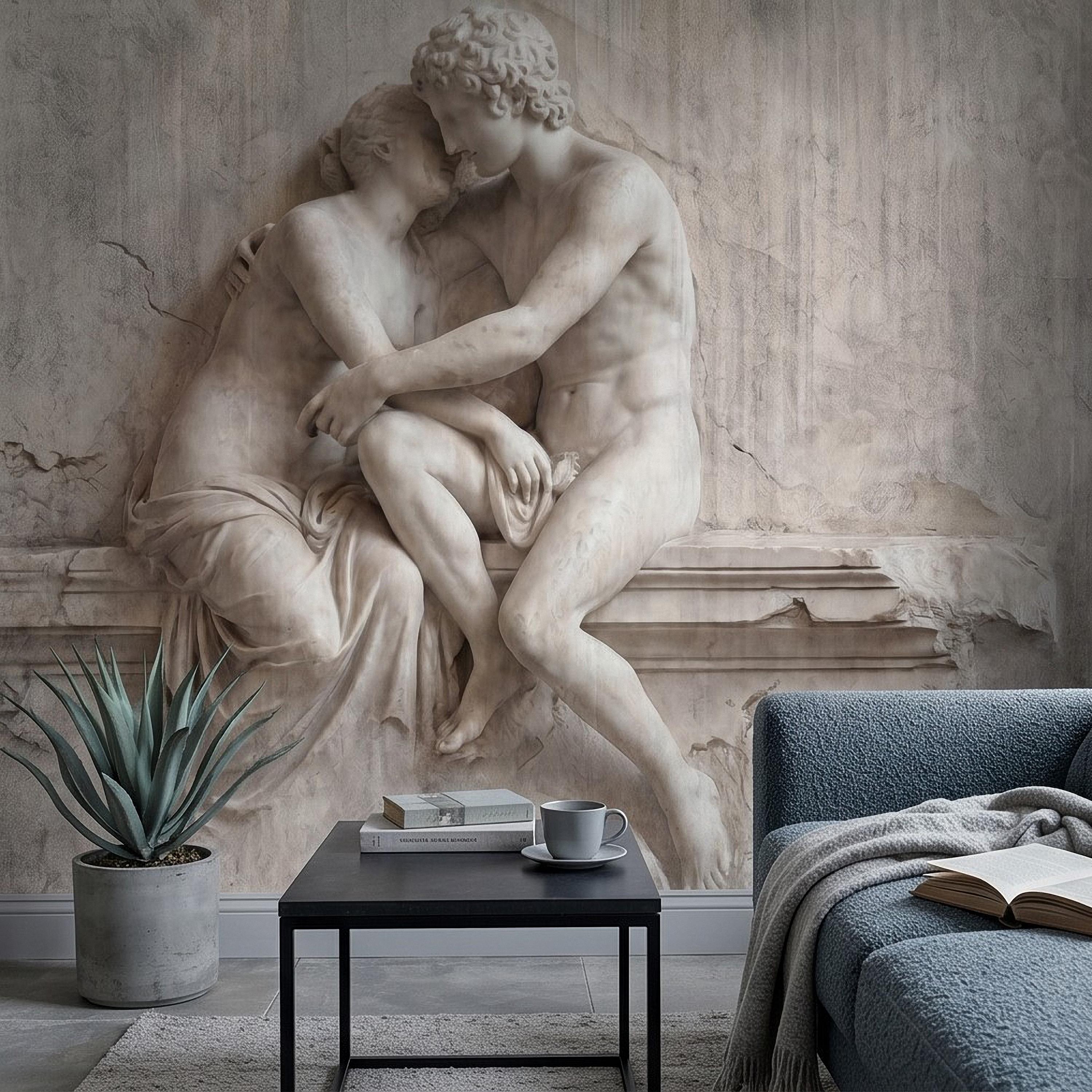 Classical Lovers Peel and Stick Wall Mural, Antique Sculpture Embrace Scene, Romantic European Stone Artwork Vintage Statue Wallpape
