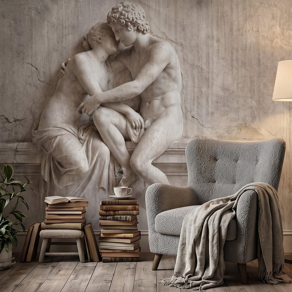 Classical Lovers Peel and Stick Wall Mural, Antique Sculpture Embrace Scene, Romantic European Stone Artwork Vintage Statue Wallpape