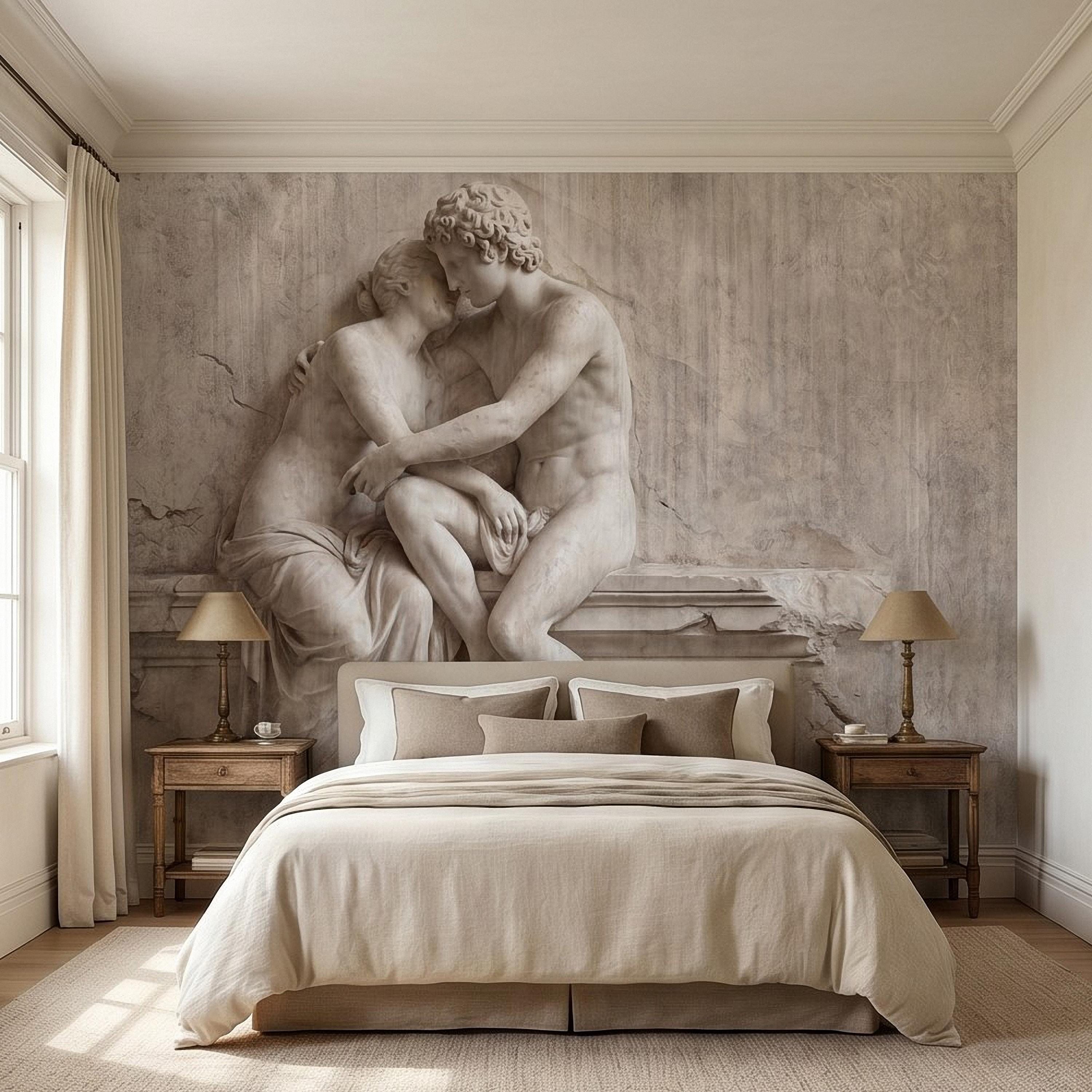 Classical Lovers Peel and Stick Wall Mural, Antique Sculpture Embrace Scene, Romantic European Stone Artwork Vintage Statue Wallpape