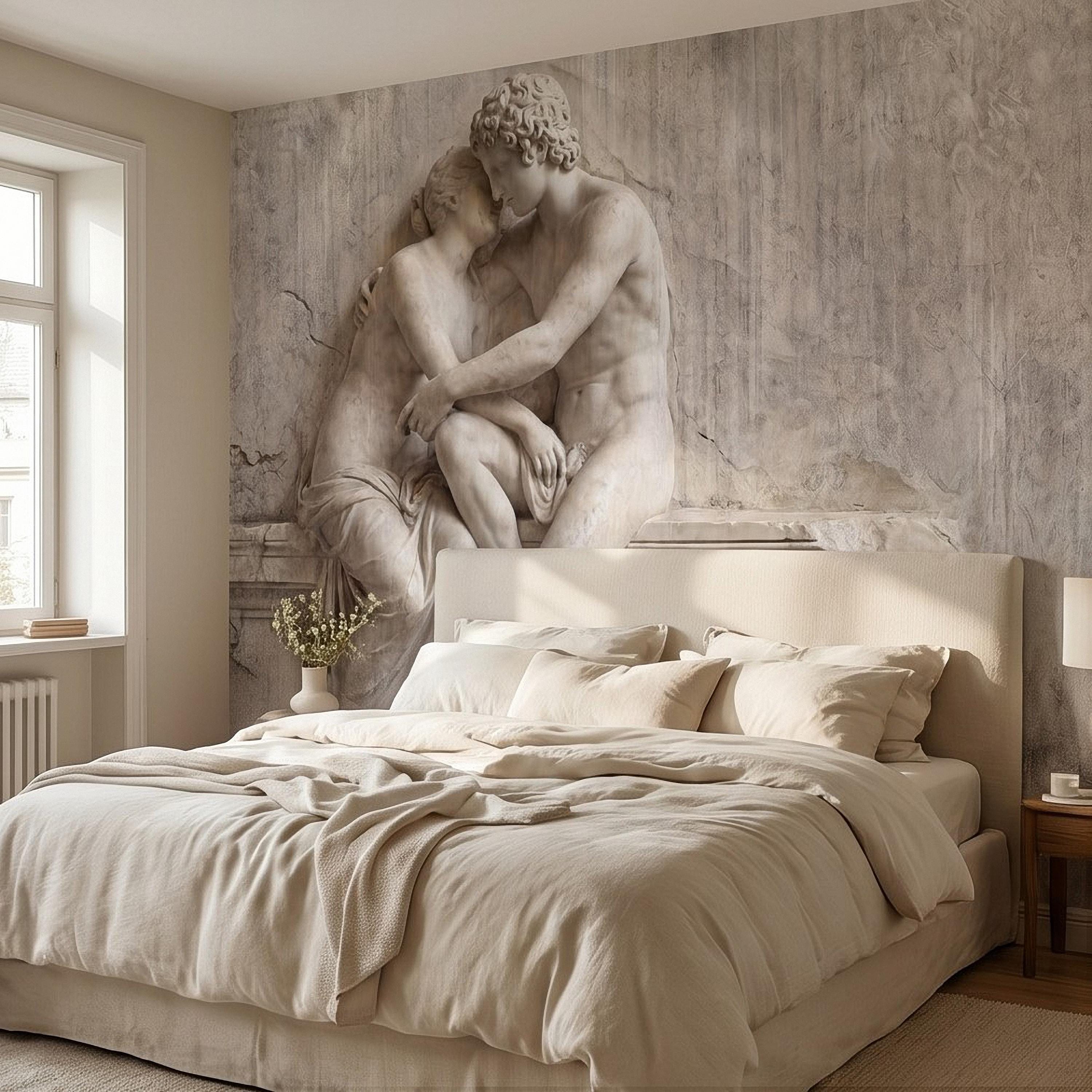 Classical Lovers Peel and Stick Wall Mural, Antique Sculpture Embrace Scene, Romantic European Stone Artwork Vintage Statue Wallpape