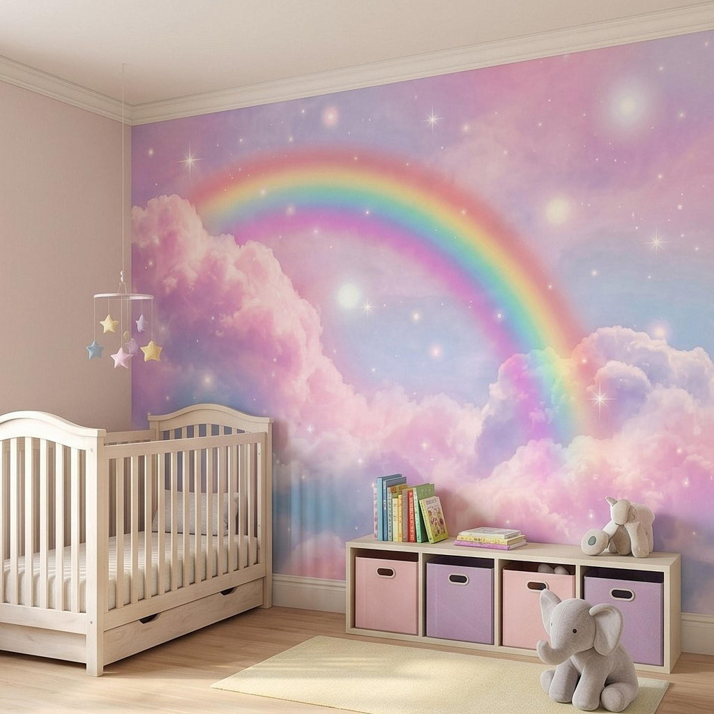 Pastel Rainbow Clouds Peel and Stick Wall Mural, Dreamy Pink Sky Scene, Magical Sparkling Stars, Whimsical Fantasy Wallpaper