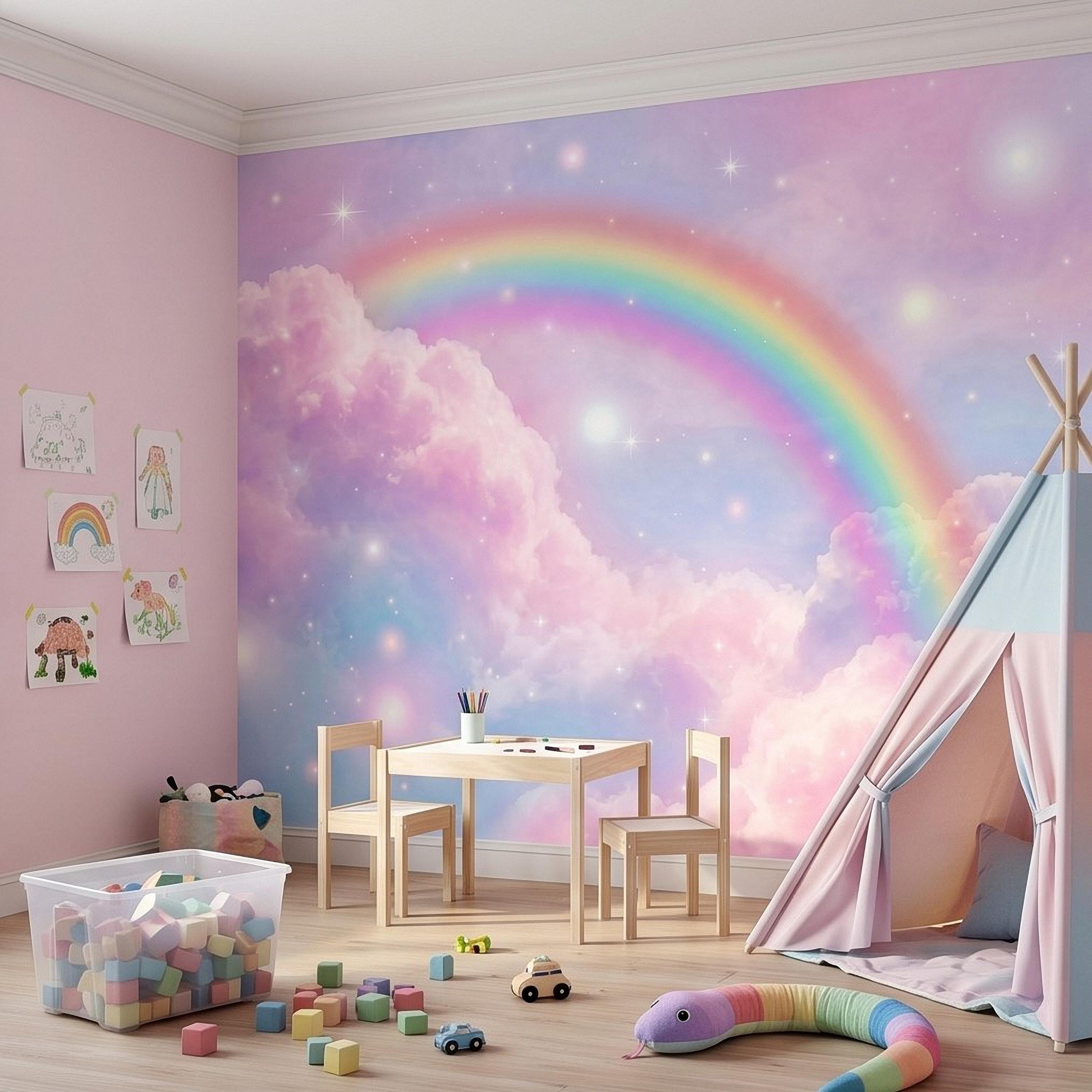 Pastel Rainbow Clouds Peel and Stick Wall Mural, Dreamy Pink Sky Scene, Magical Sparkling Stars, Whimsical Fantasy Wallpaper