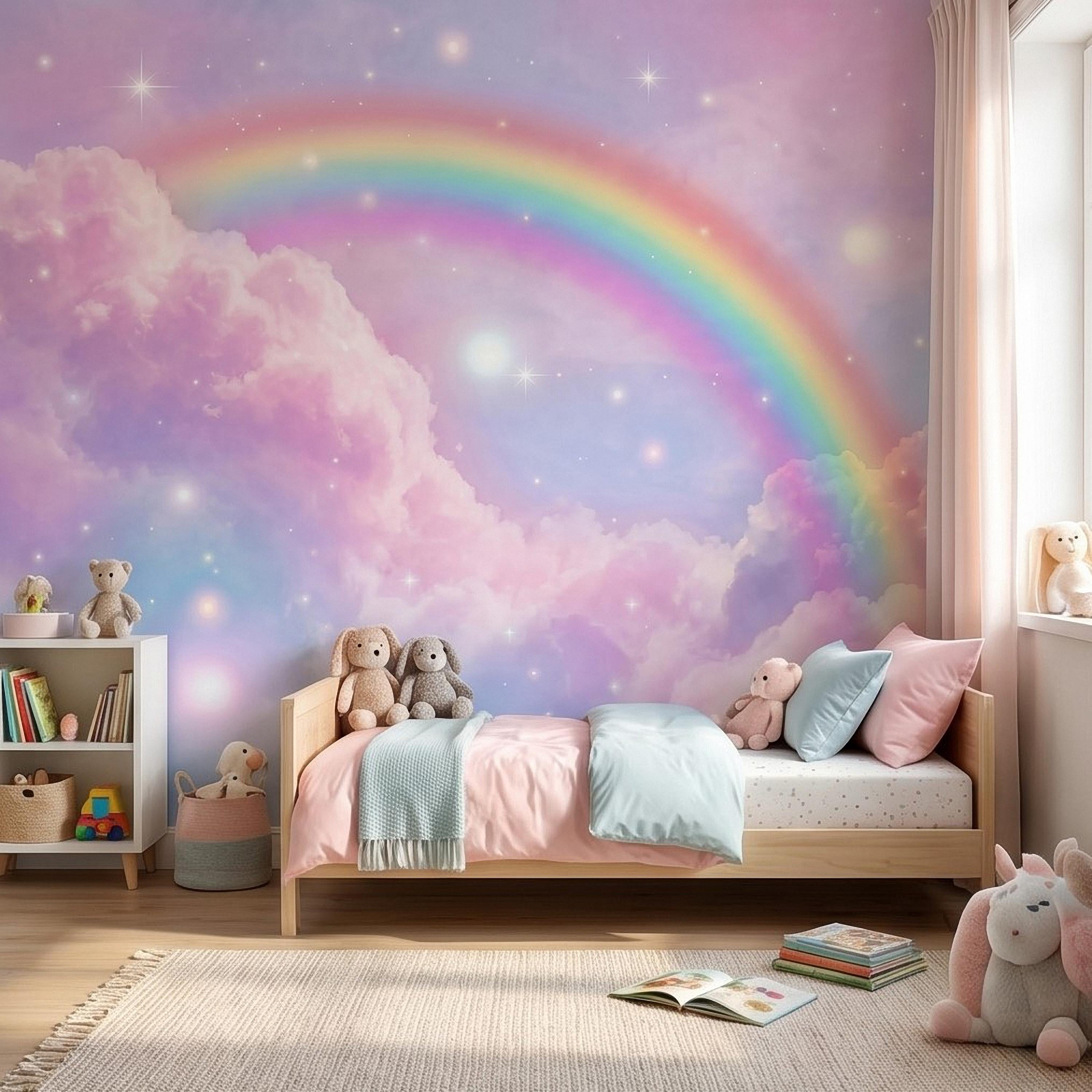 Pastel Rainbow Clouds Peel and Stick Wall Mural, Dreamy Pink Sky Scene, Magical Sparkling Stars, Whimsical Fantasy Wallpaper
