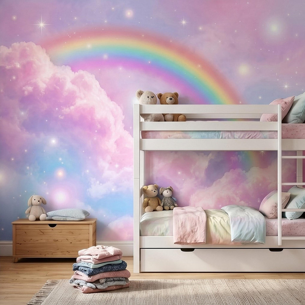 Pastel Rainbow Clouds Peel and Stick Wall Mural, Dreamy Pink Sky Scene, Magical Sparkling Stars, Whimsical Fantasy Wallpaper