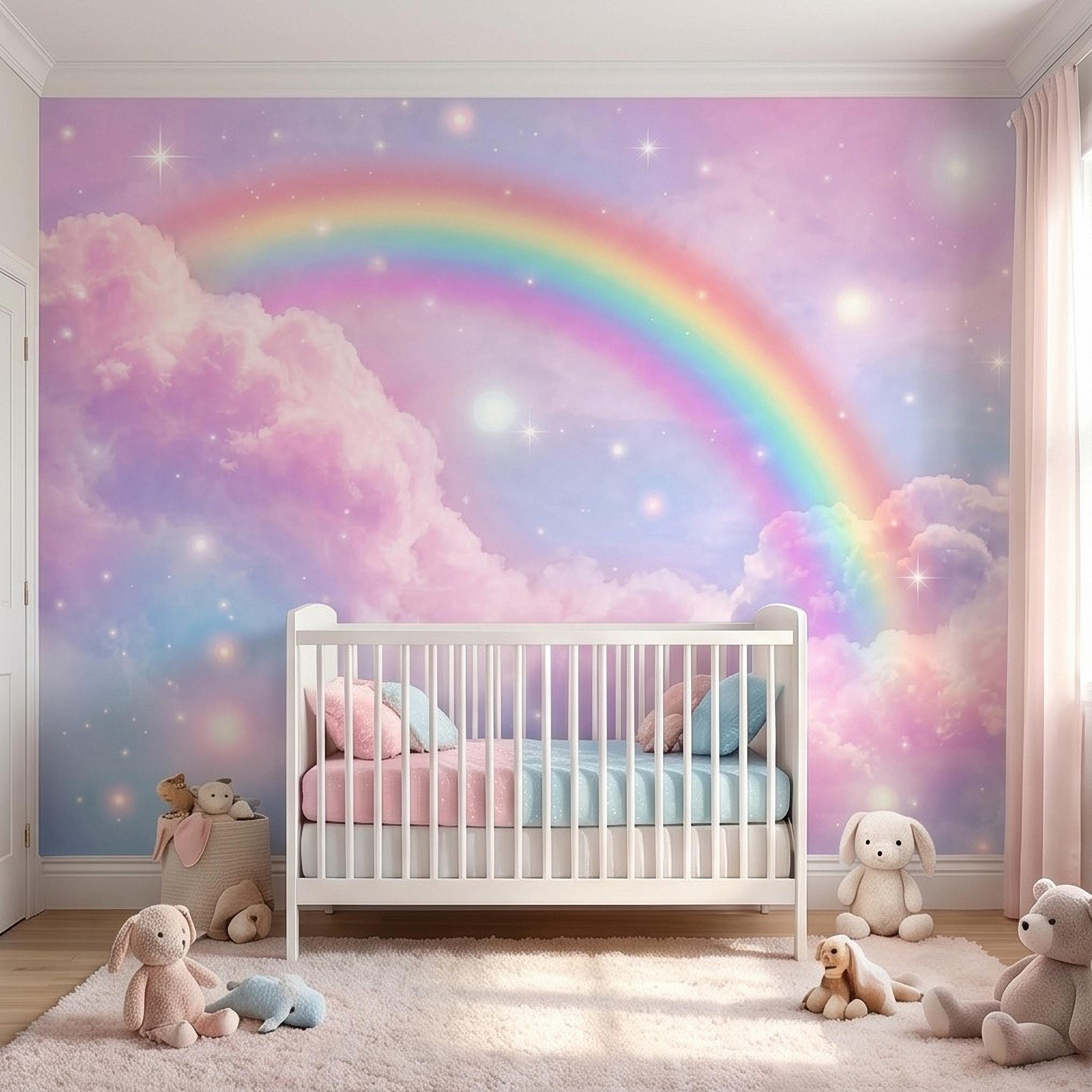 Pastel Rainbow Clouds Peel and Stick Wall Mural, Dreamy Pink Sky Scene, Magical Sparkling Stars, Whimsical Fantasy Wallpaper