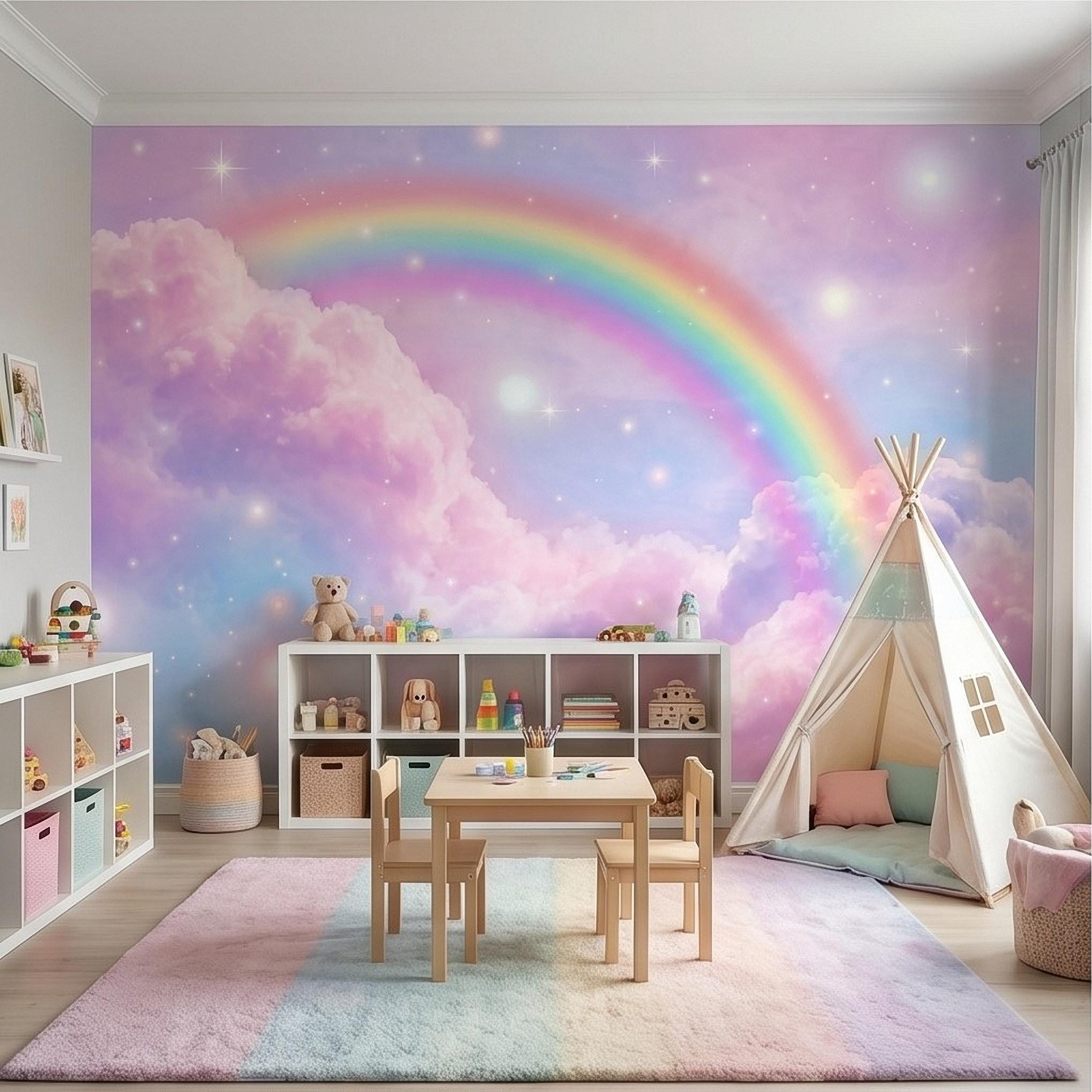 Pastel Rainbow Clouds Peel and Stick Wall Mural, Dreamy Pink Sky Scene, Magical Sparkling Stars, Whimsical Fantasy Wallpaper