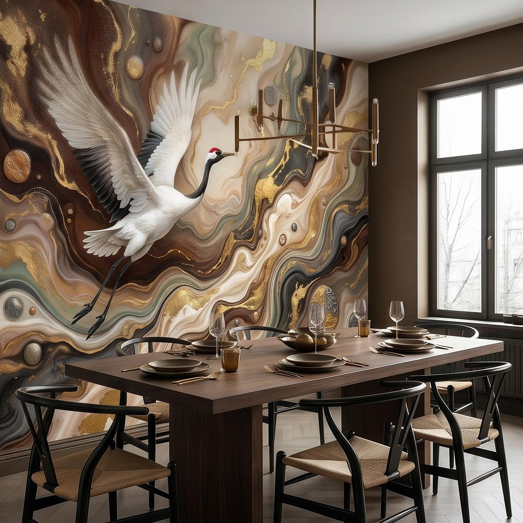 Japanese Crane Peel and Stick Wall Mural, Luxury Gold Marble Abstract Art, Elegant Flying Bird Scene, Modern Asian Wallpaper