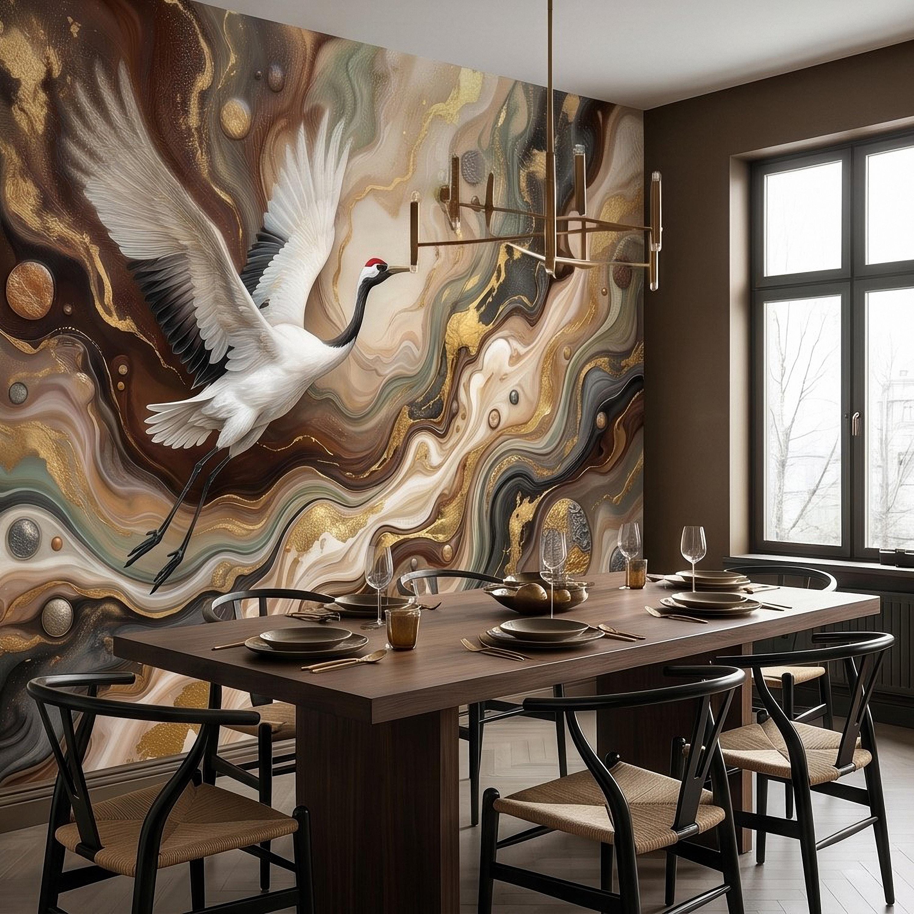 Japanese Crane Peel and Stick Wall Mural, Luxury Gold Marble Abstract Art, Elegant Flying Bird Scene, Modern Asian Wallpaper