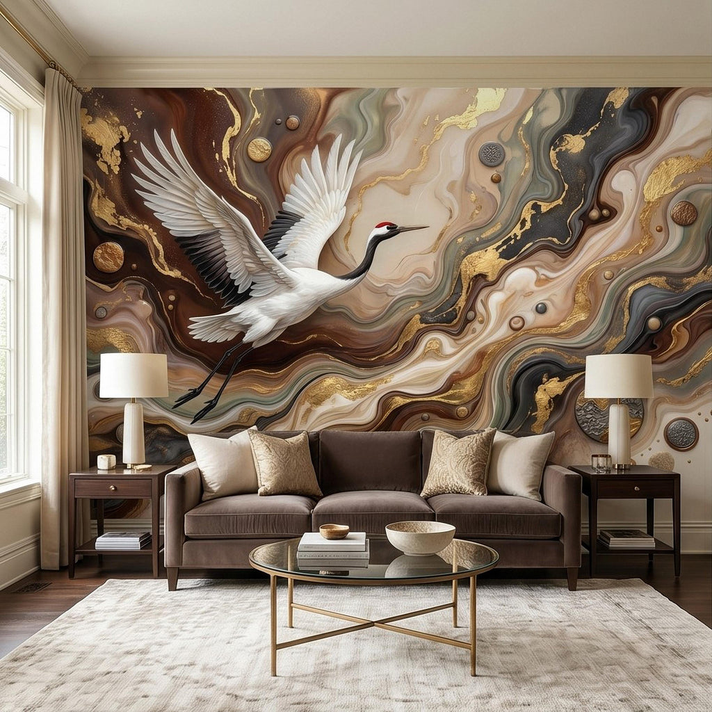 Japanese Crane Peel and Stick Wall Mural, Luxury Gold Marble Abstract Art, Elegant Flying Bird Scene, Modern Asian Wallpaper