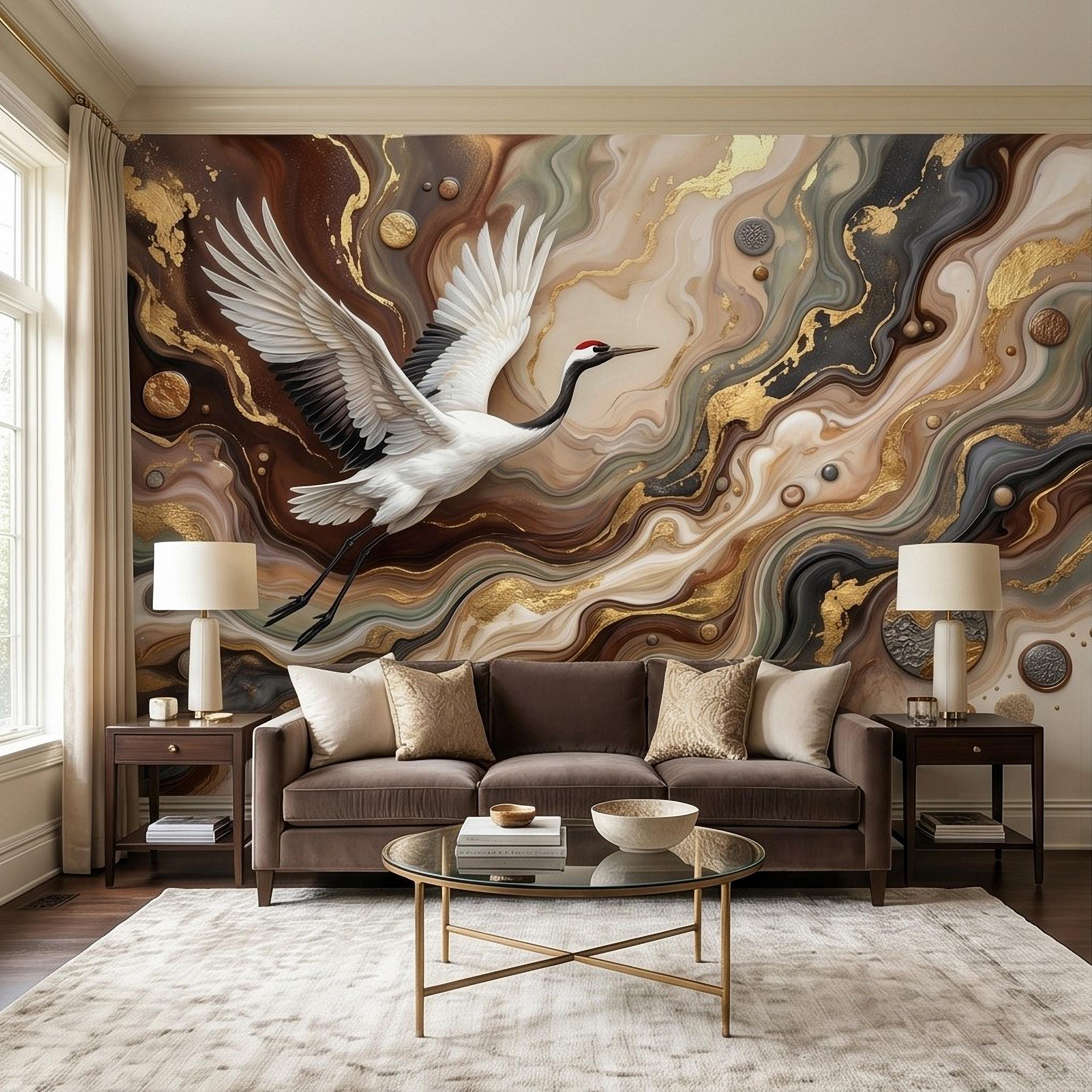 Japanese Crane Peel and Stick Wall Mural, Luxury Gold Marble Abstract Art, Elegant Flying Bird Scene, Modern Asian Wallpaper