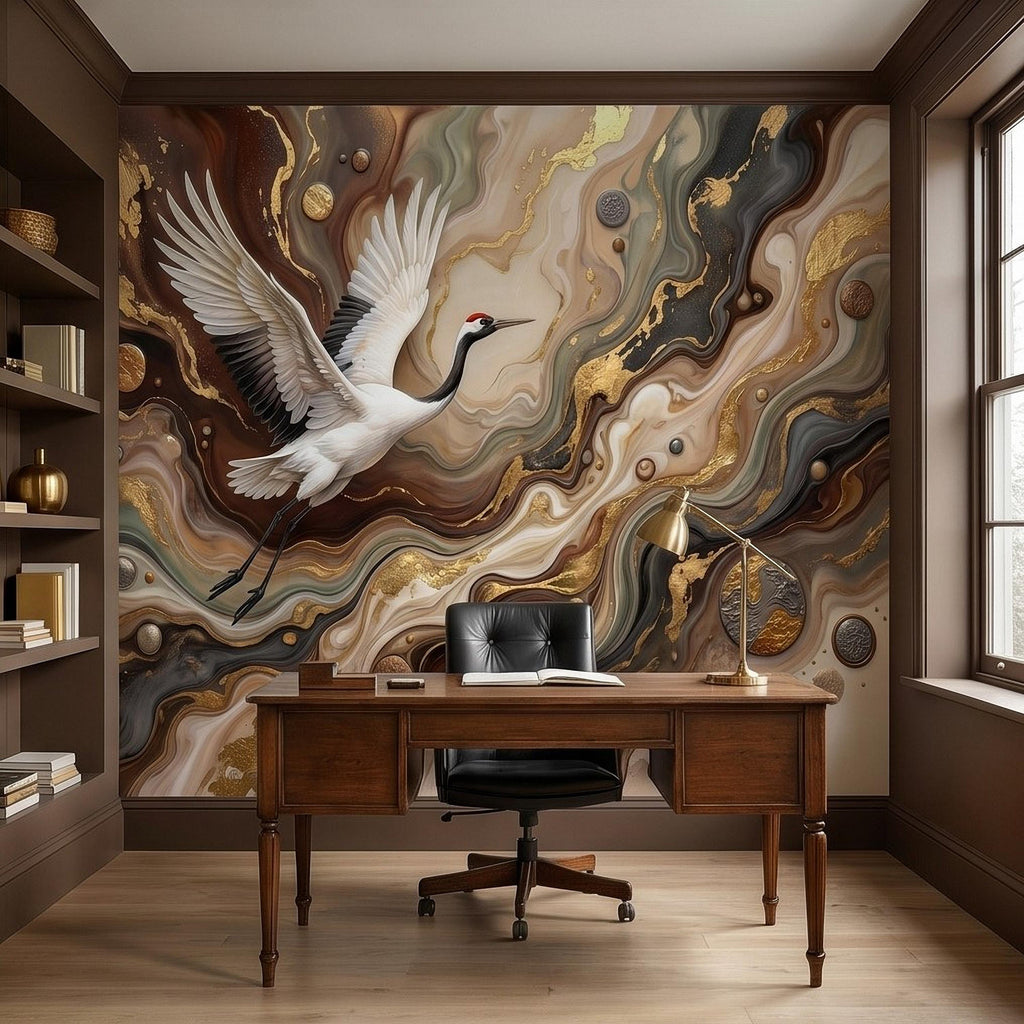 Japanese Crane Peel and Stick Wall Mural, Luxury Gold Marble Abstract Art, Elegant Flying Bird Scene, Modern Asian Wallpaper