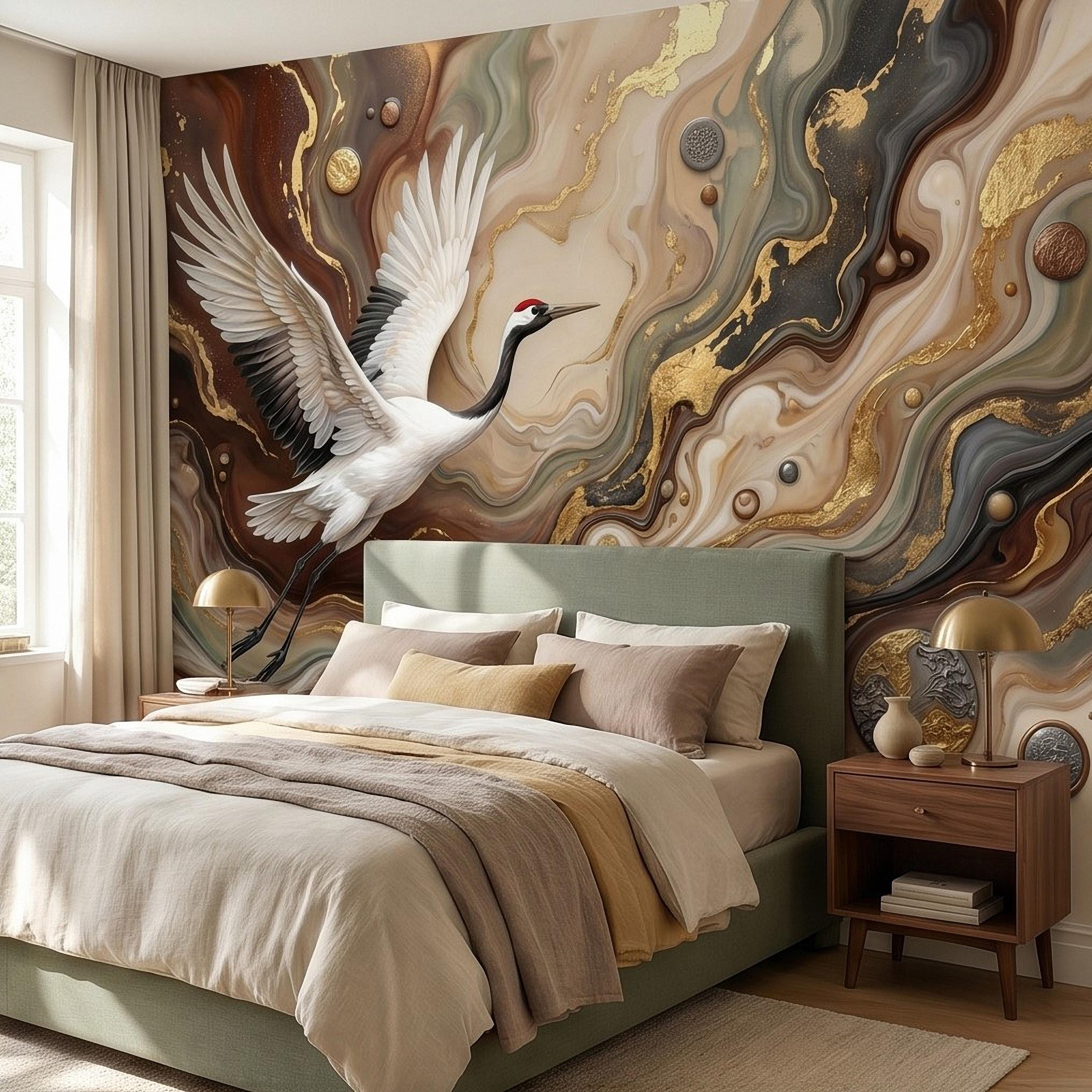 Japanese Crane Peel and Stick Wall Mural, Luxury Gold Marble Abstract Art, Elegant Flying Bird Scene, Modern Asian Wallpaper