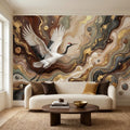 Japanese Crane Peel and Stick Wall Mural, Luxury Gold Marble Abstract Art, Elegant Flying Bird Scene, Modern Asian Wallpaper