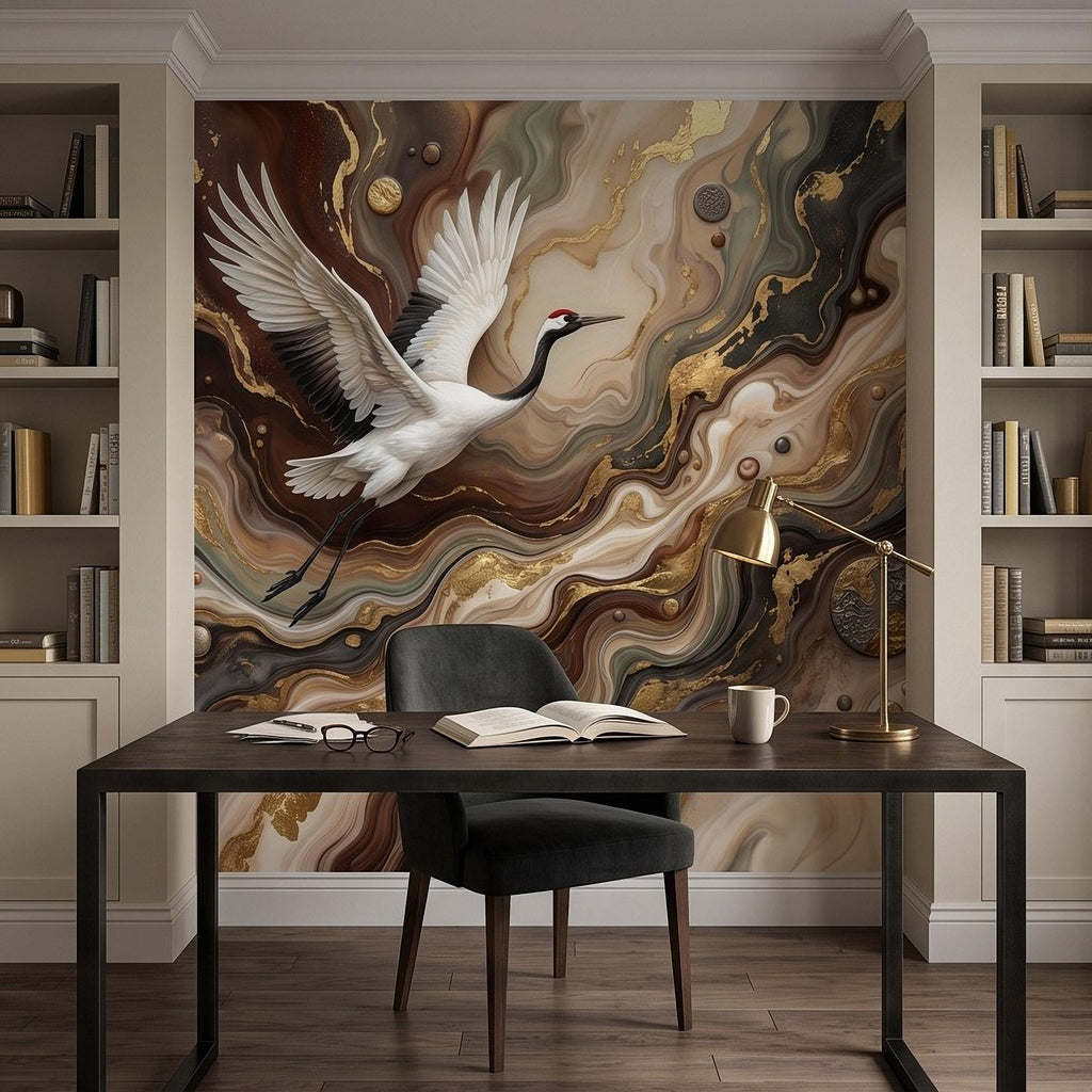 Japanese Crane Peel and Stick Wall Mural, Luxury Gold Marble Abstract Art, Elegant Flying Bird Scene, Modern Asian Wallpaper