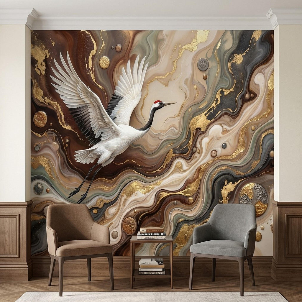 Japanese Crane Peel and Stick Wall Mural, Luxury Gold Marble Abstract Art, Elegant Flying Bird Scene, Modern Asian Wallpaper