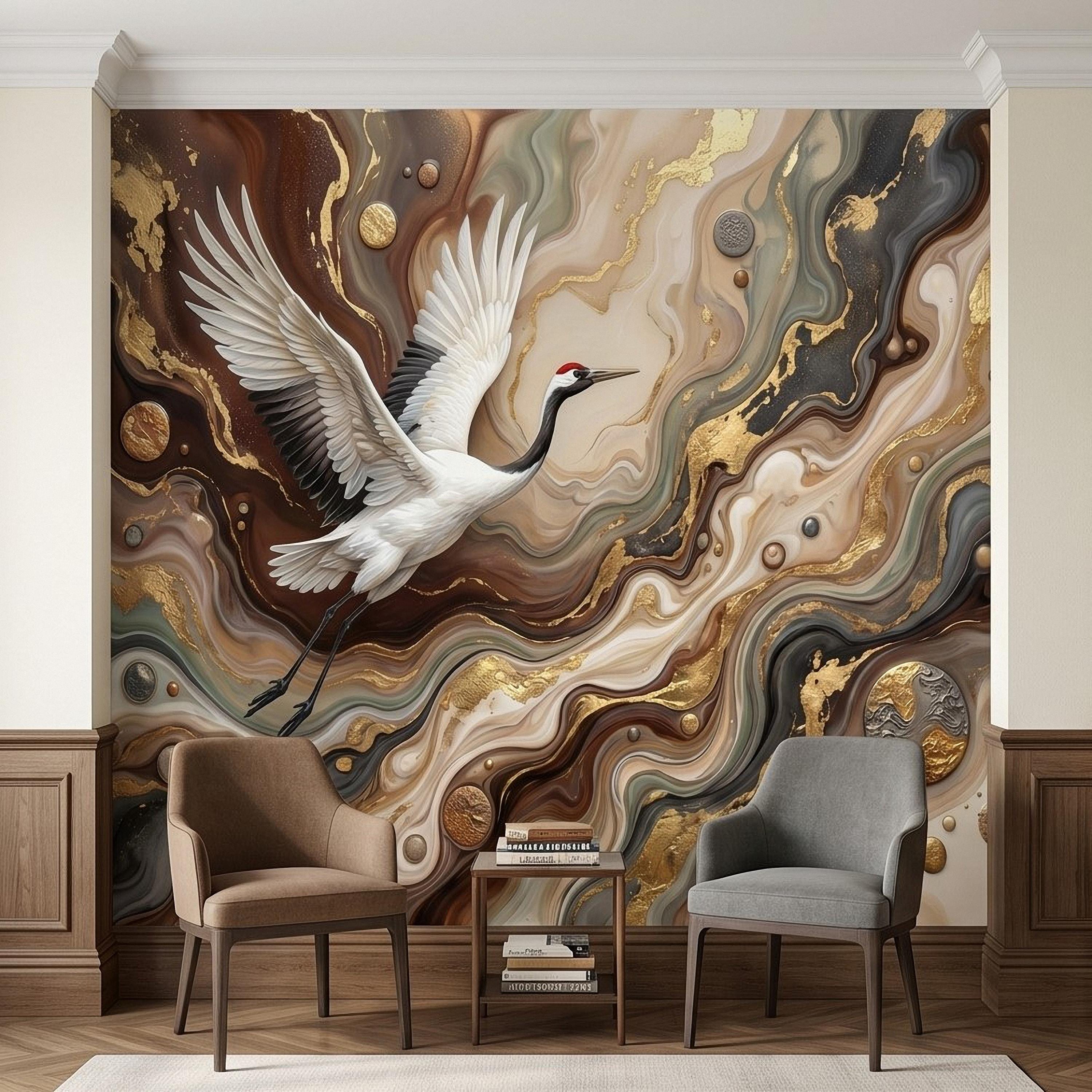 Japanese Crane Peel and Stick Wall Mural, Luxury Gold Marble Abstract Art, Elegant Flying Bird Scene, Modern Asian Wallpaper