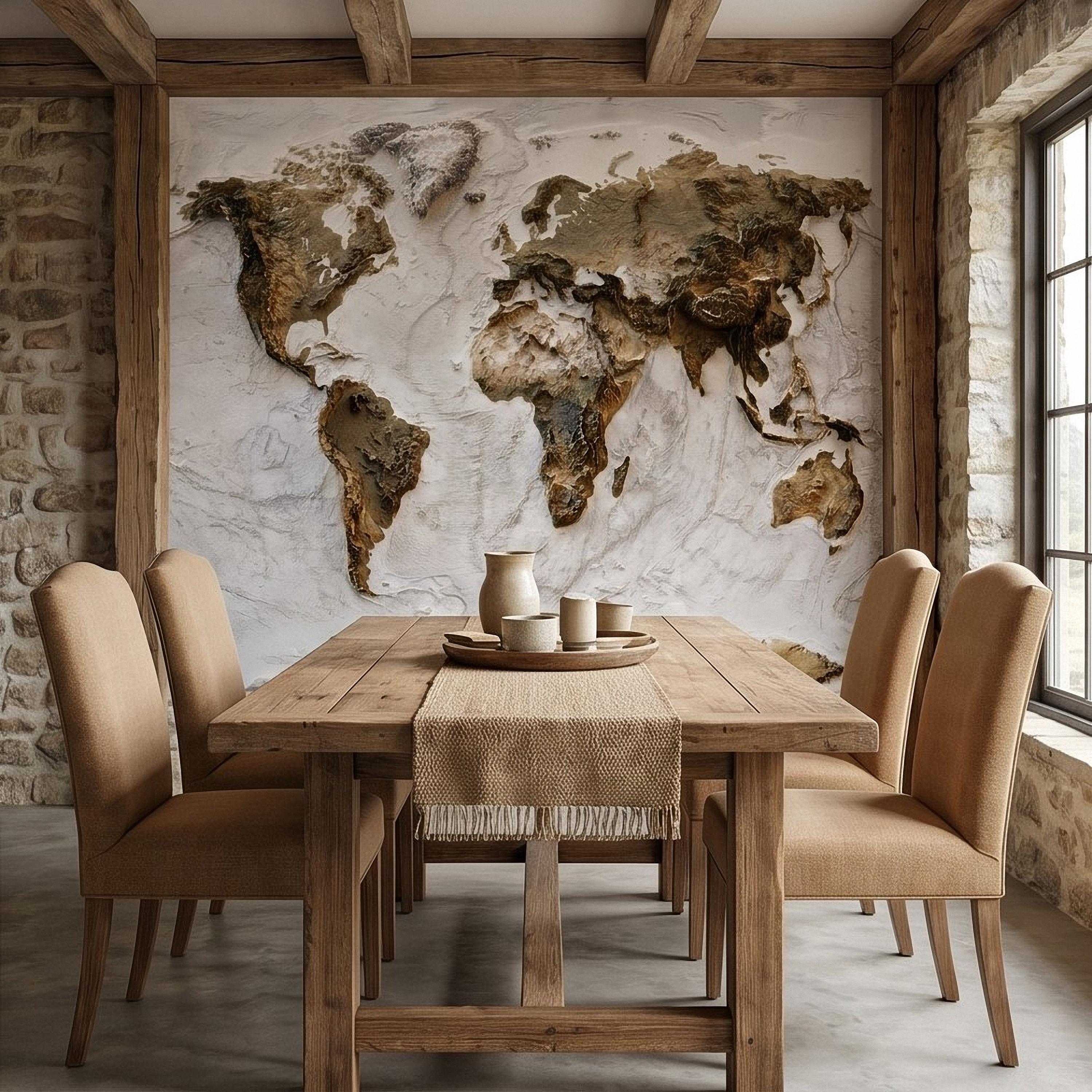Textured World Map Peel and Stick Wall Mural, Sculpted Continents Relief, Neutral Beige Earth Map, Plaster Effect Wallpaper
