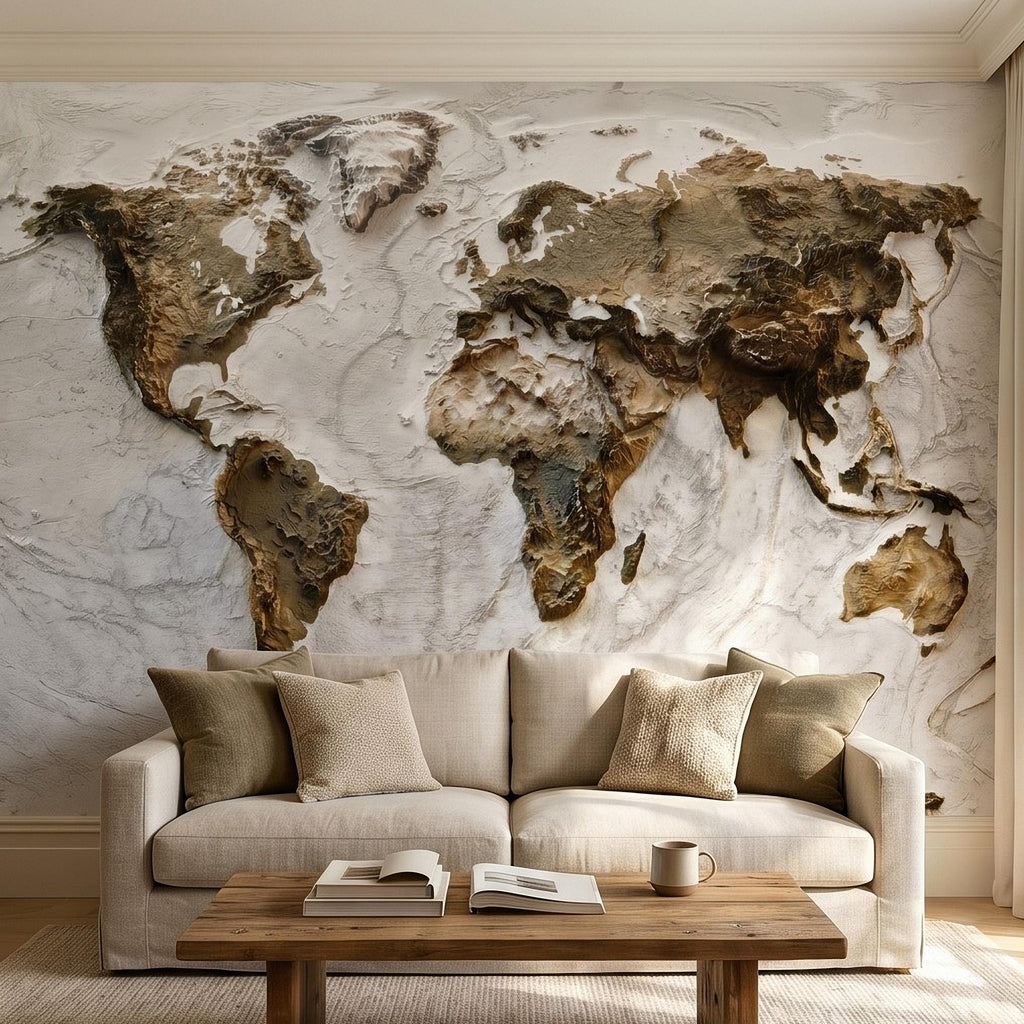 Textured World Map Peel and Stick Wall Mural, Sculpted Continents Relief, Neutral Beige Earth Map, Plaster Effect Wallpaper
