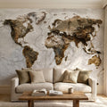 Textured World Map Peel and Stick Wall Mural, Sculpted Continents Relief, Neutral Beige Earth Map, Plaster Effect Wallpaper