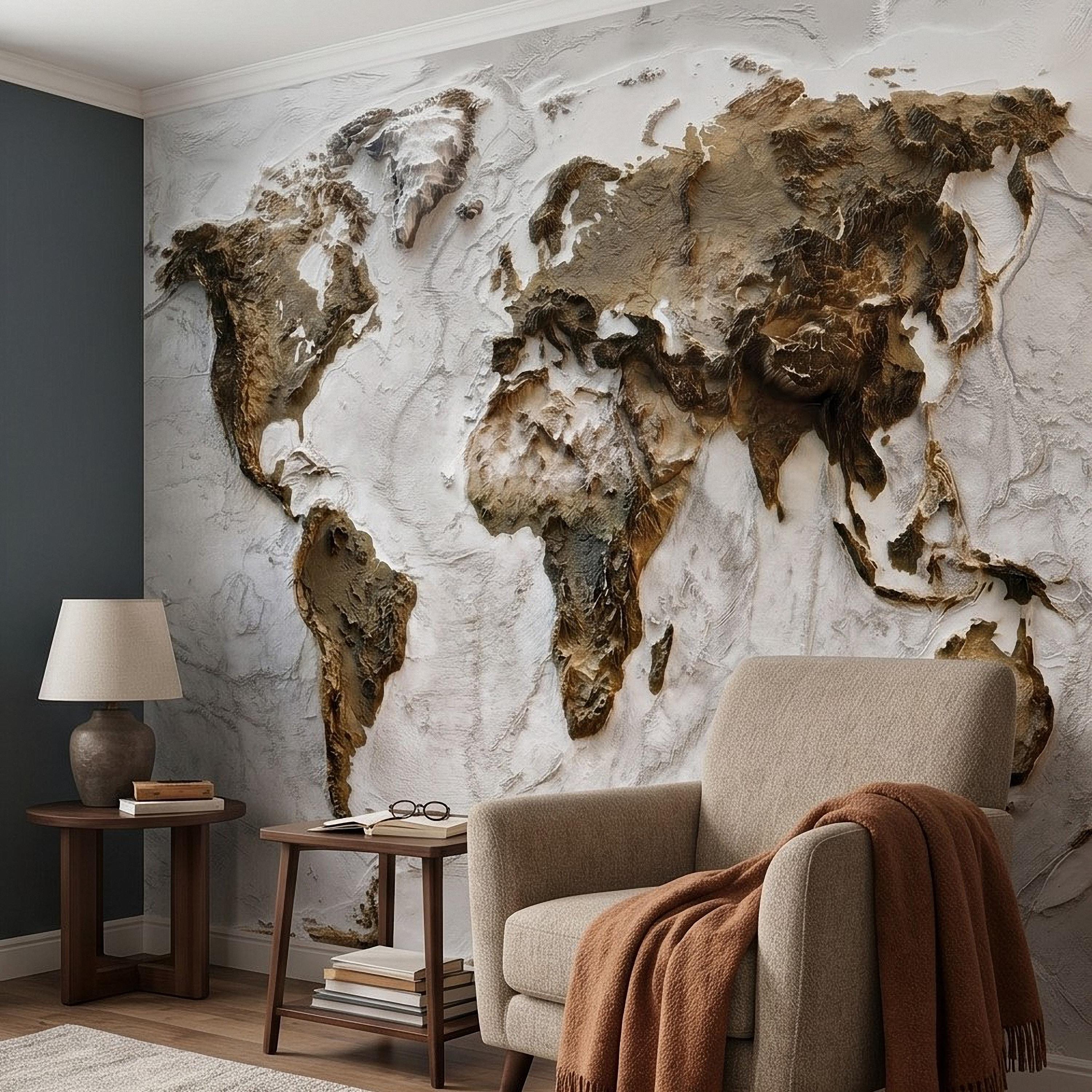 Textured World Map Peel and Stick Wall Mural, Sculpted Continents Relief, Neutral Beige Earth Map, Plaster Effect Wallpaper