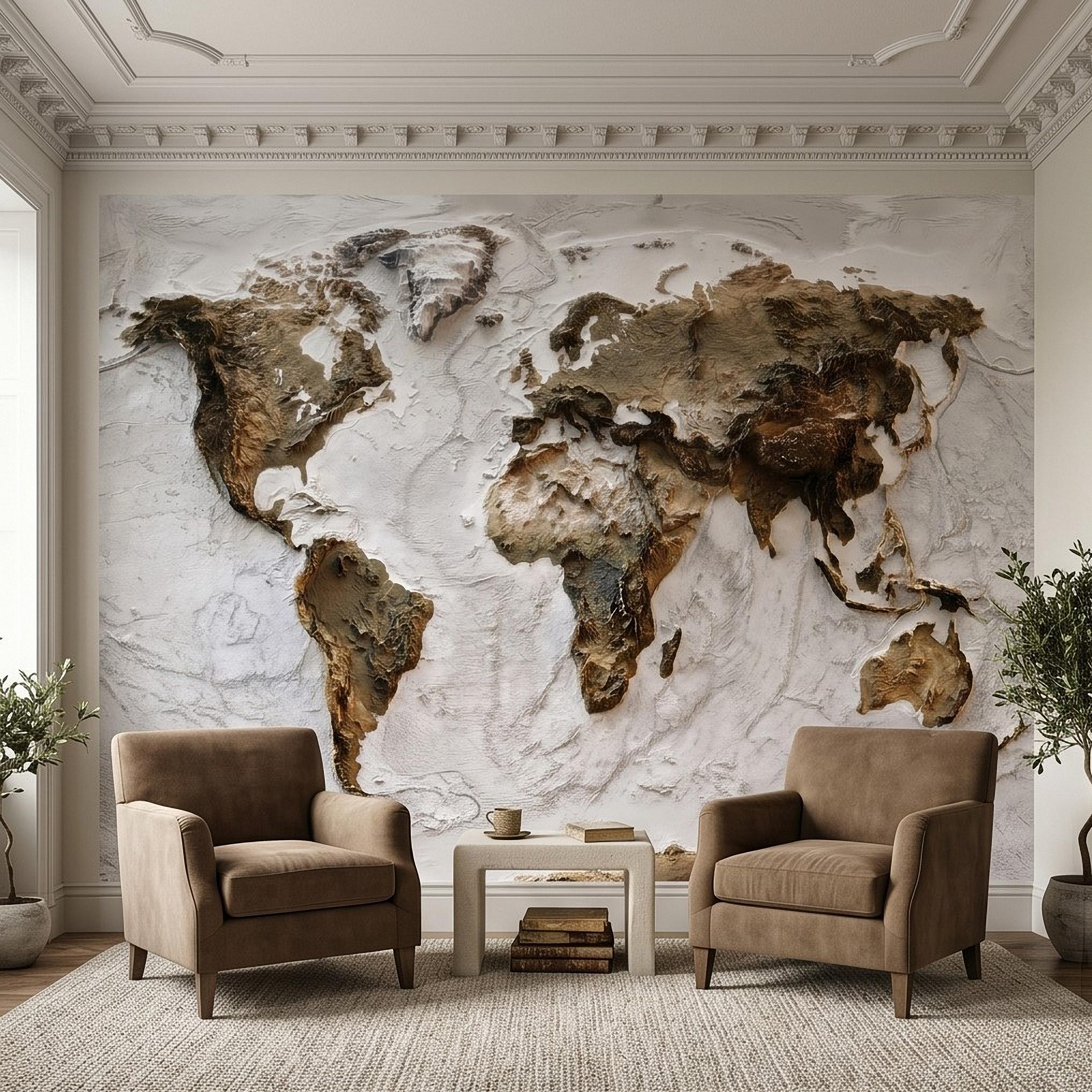 Textured World Map Peel and Stick Wall Mural, Sculpted Continents Relief, Neutral Beige Earth Map, Plaster Effect Wallpaper