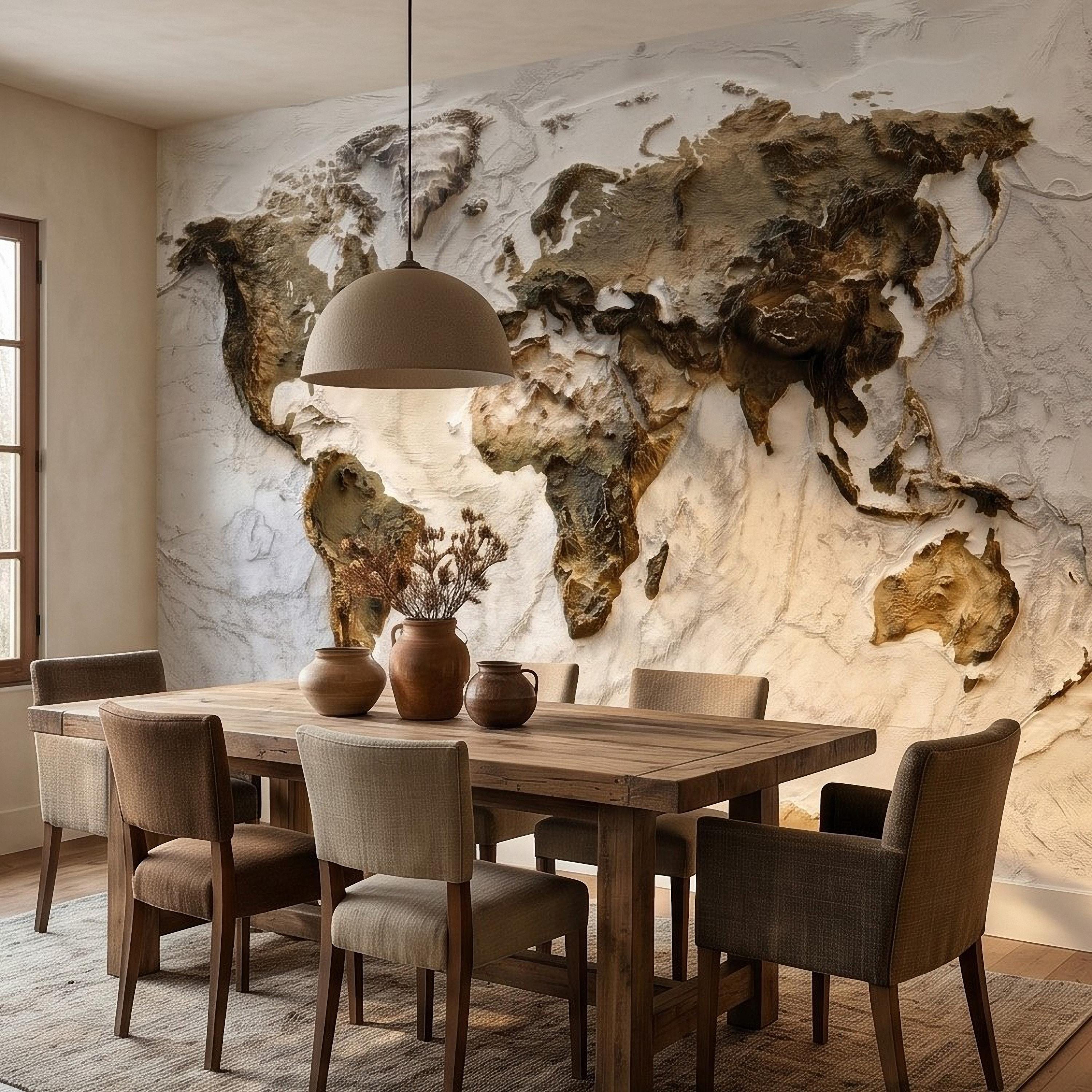 Textured World Map Peel and Stick Wall Mural, Sculpted Continents Relief, Neutral Beige Earth Map, Plaster Effect Wallpaper