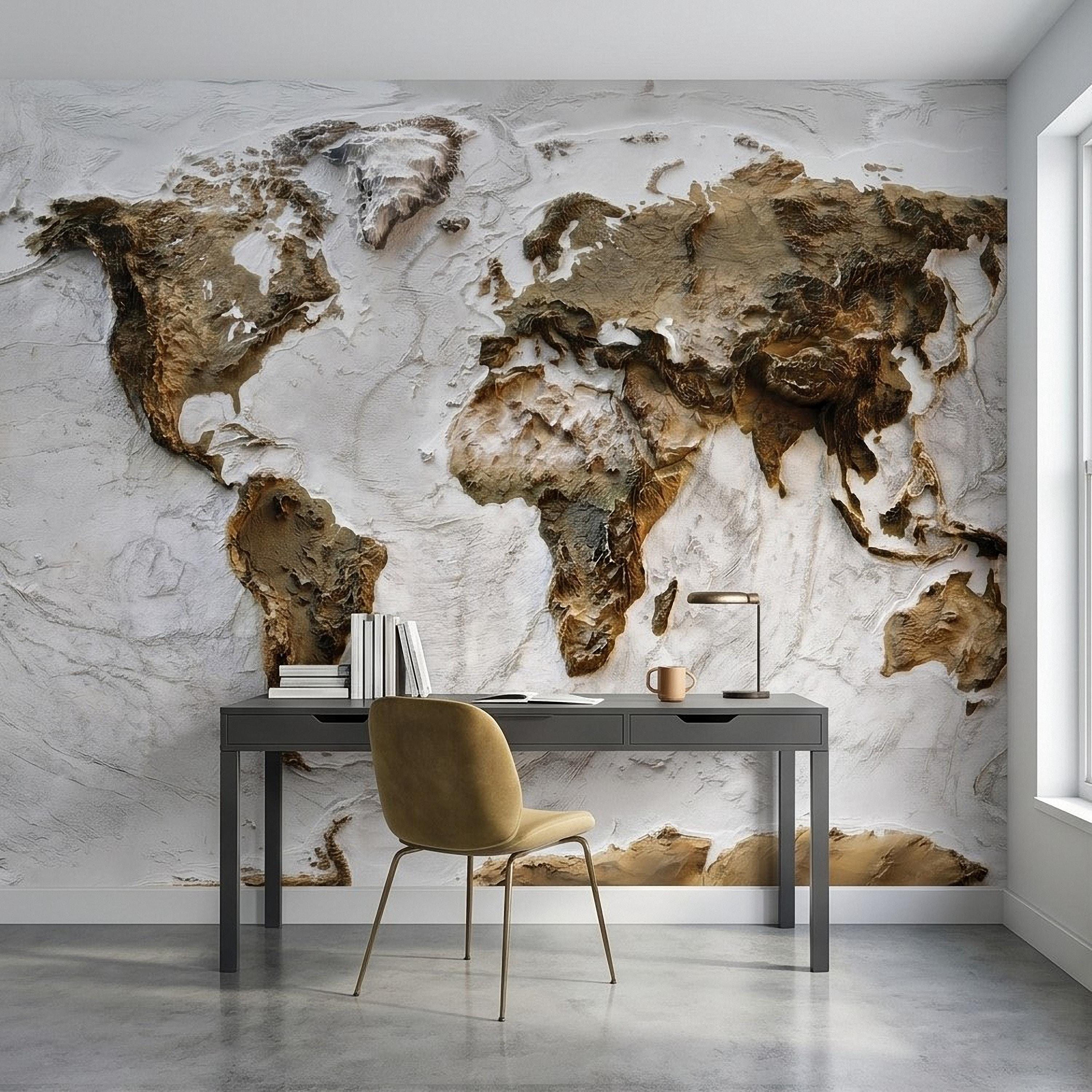 Textured World Map Peel and Stick Wall Mural, Sculpted Continents Relief, Neutral Beige Earth Map, Plaster Effect Wallpaper