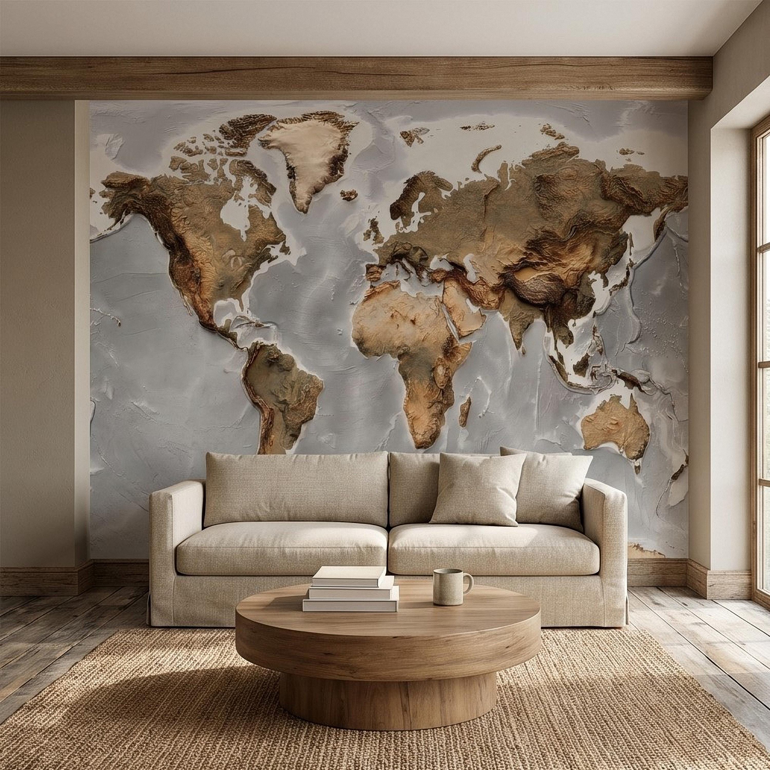 Textured World Map Peel and Stick Wall Mural, Detailed Earth Continents Relief, Neutral Beige Global Map, Plaster Effect Wallpaper