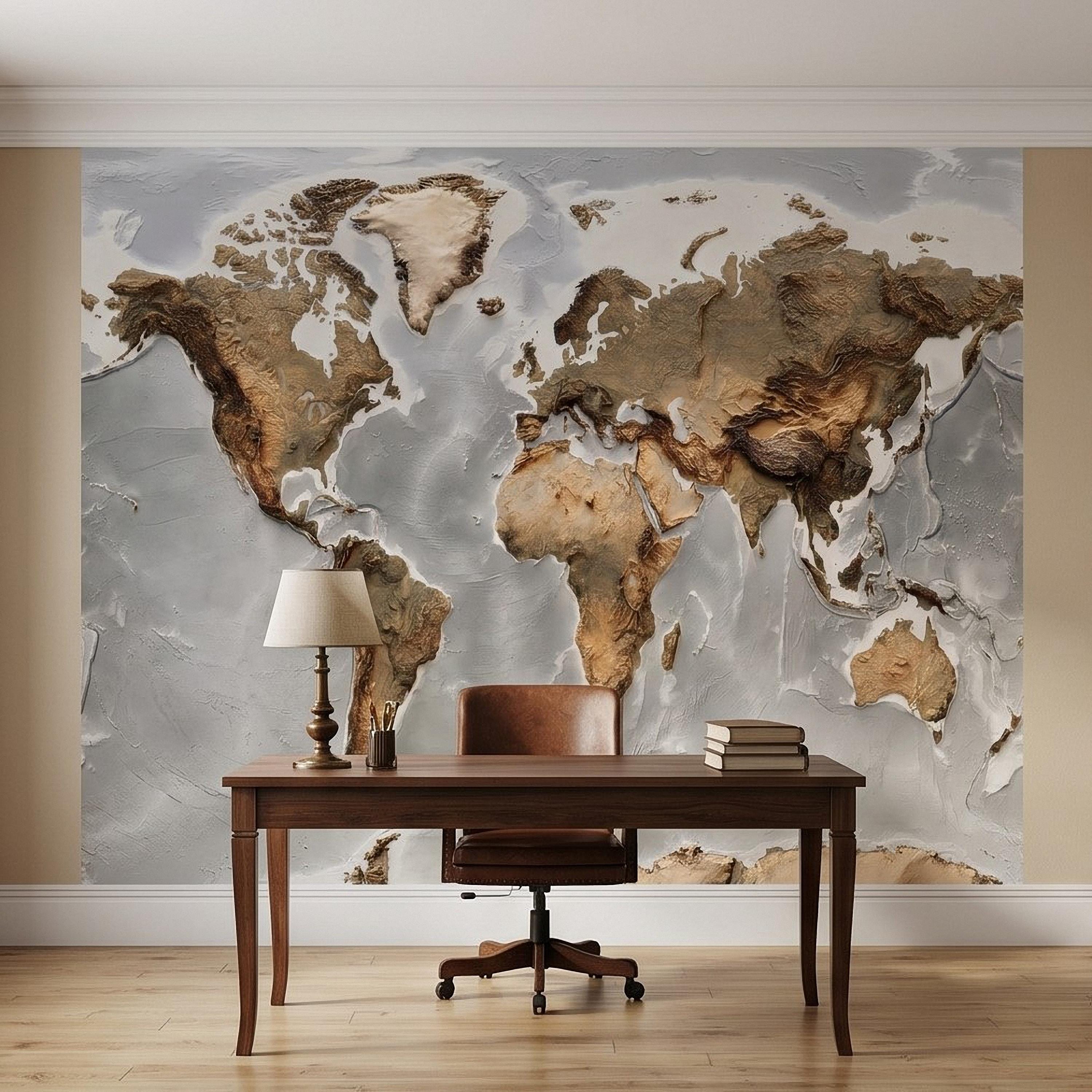 Textured World Map Peel and Stick Wall Mural, Detailed Earth Continents Relief, Neutral Beige Global Map, Plaster Effect Wallpaper